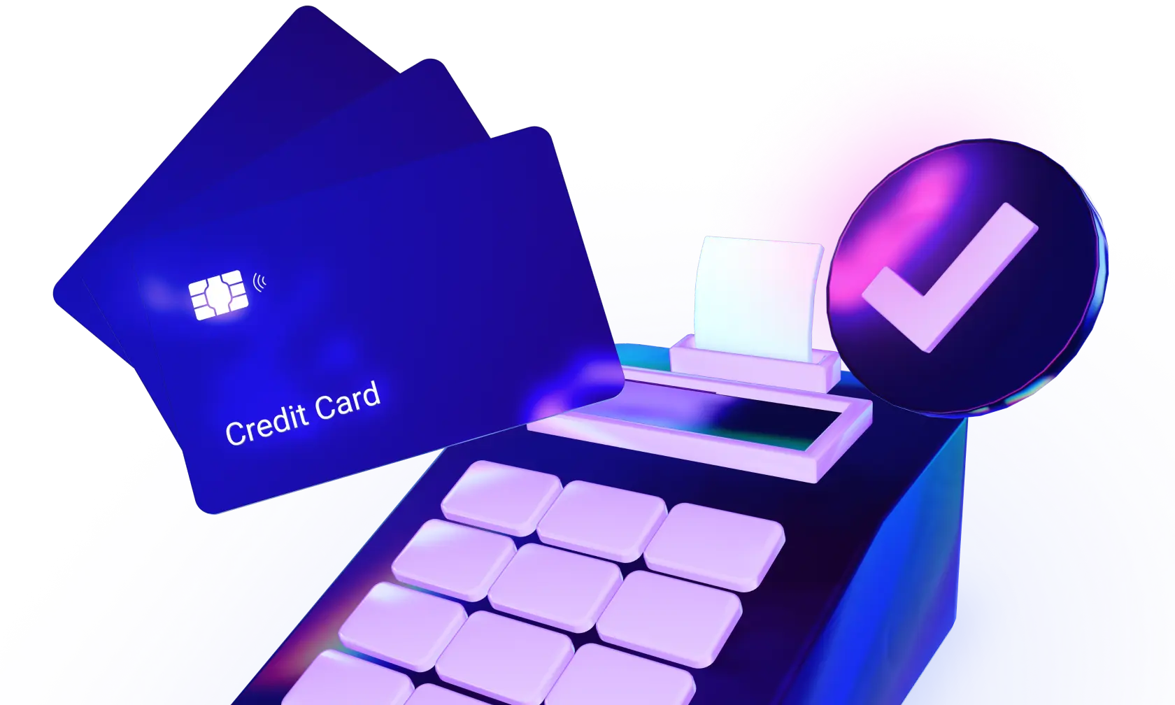 3D render of a payment terminal with a glowing credit card and checkmark icon, symbolizing secure transactions and successful payments.