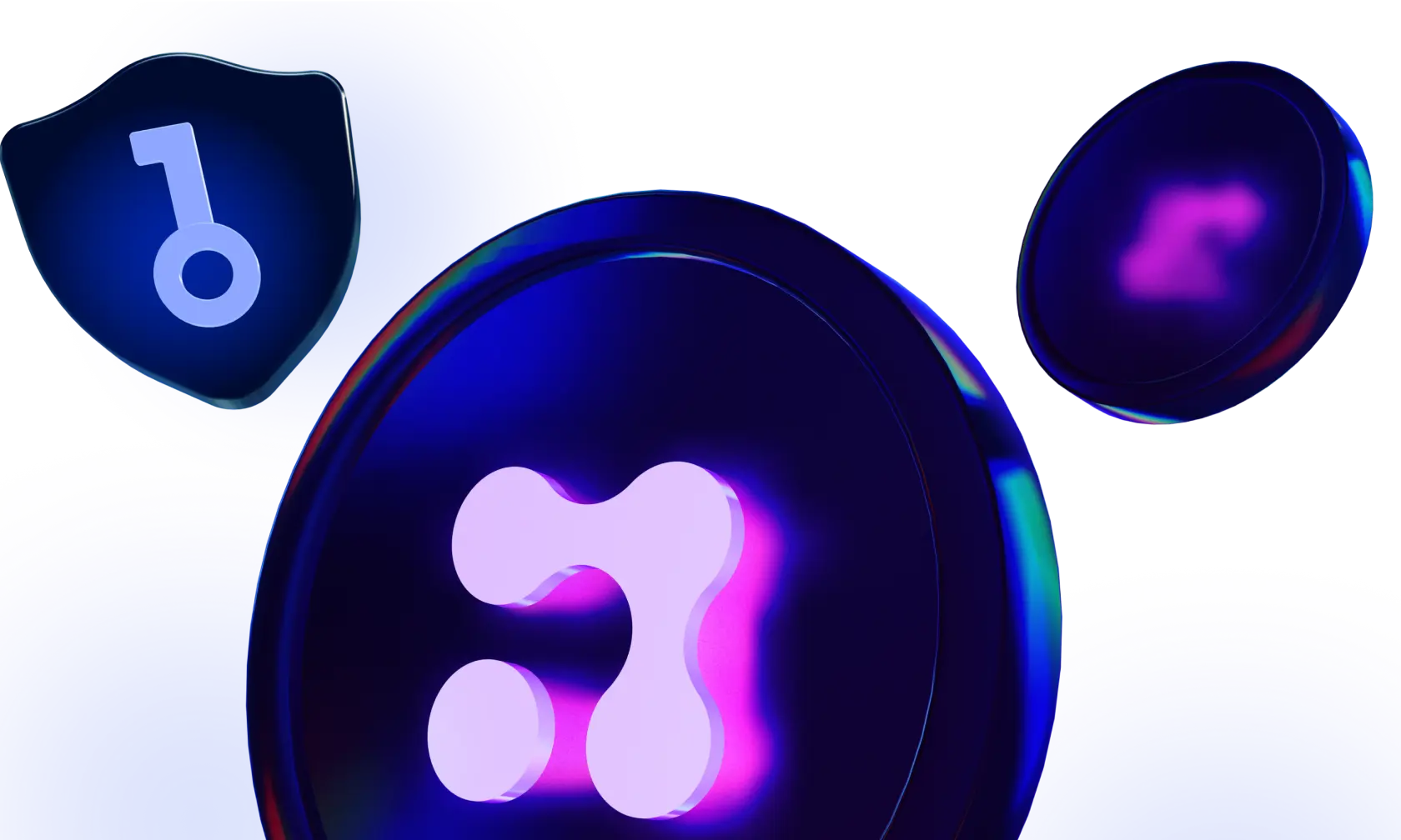 3D render of glowing Twism Tokens with a security shield and key icon, symbolizing trust, protection, and secure transactions.