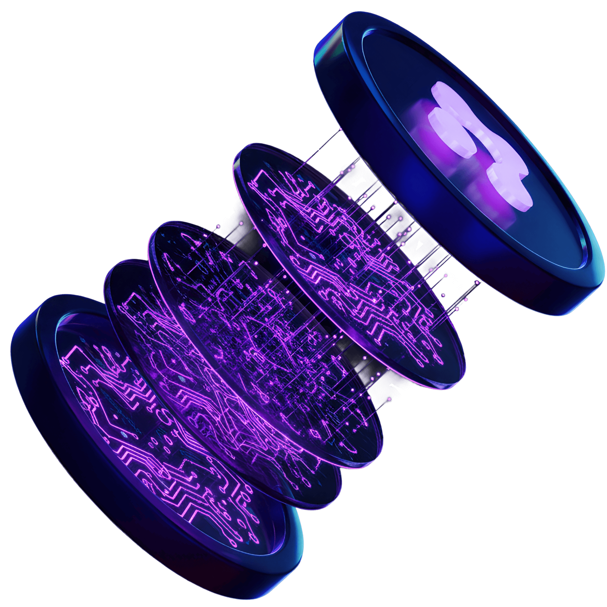 3D render of the Twism Token with floating layered discs and glowing purple connections, symbolizing technology, decentralization, and innovation.