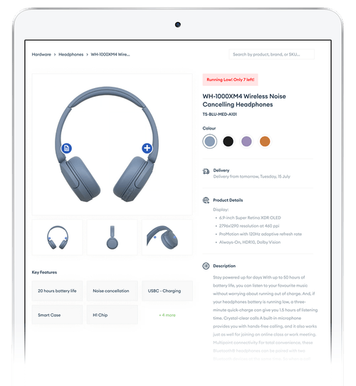 E-commerce page displaying WH-1000XM4 wireless noise cancelling headphones in blue with product details, color options, and key features.