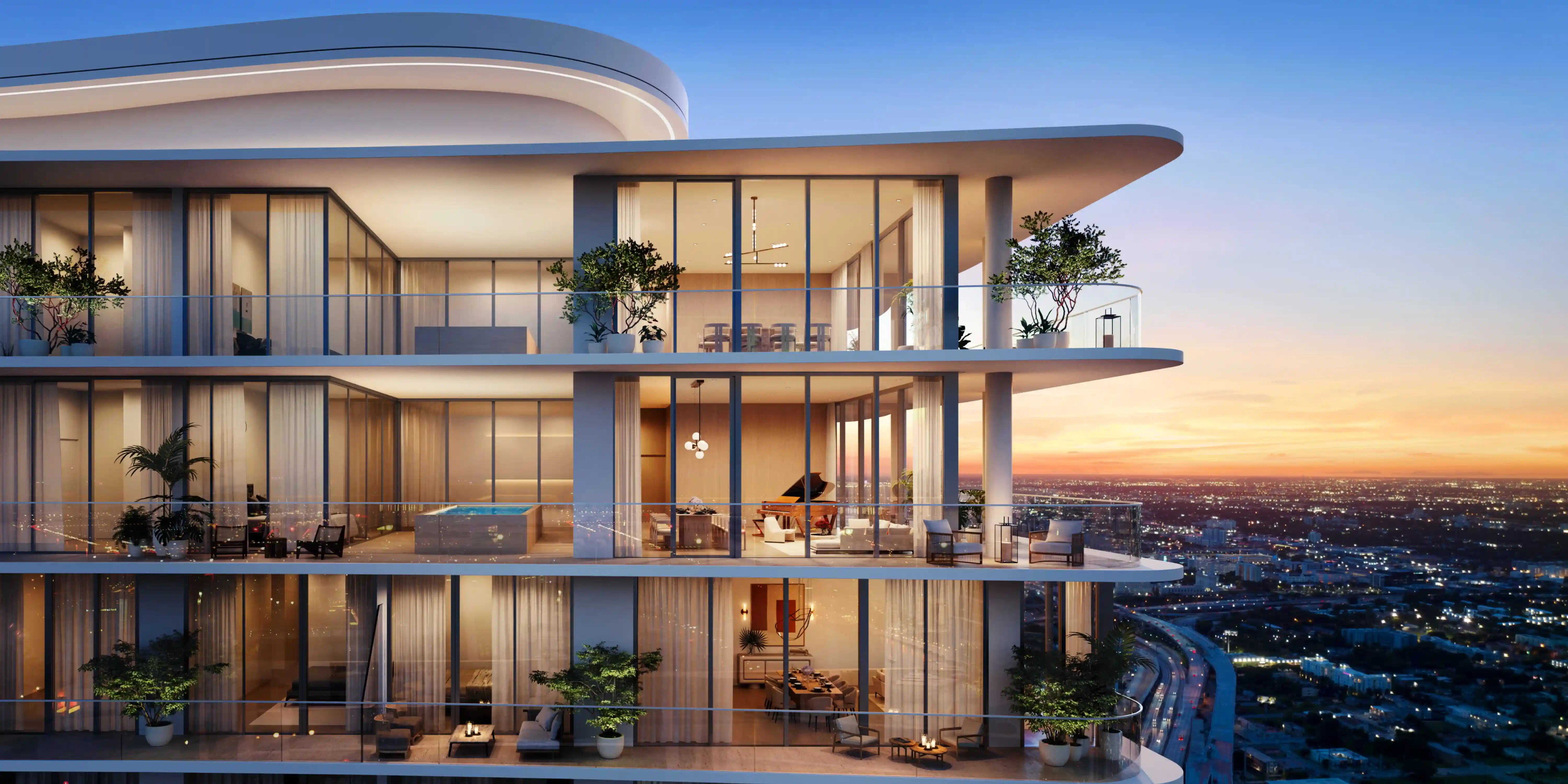 JEM Downtown Miami – Luxury waterfront tower and terrace at sunset