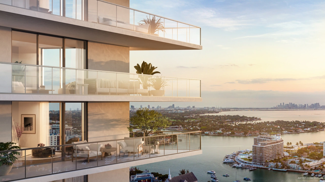 Sunset waterfront view from Palma Miami Beach featuring expansive terraces and luxury coastal residences.