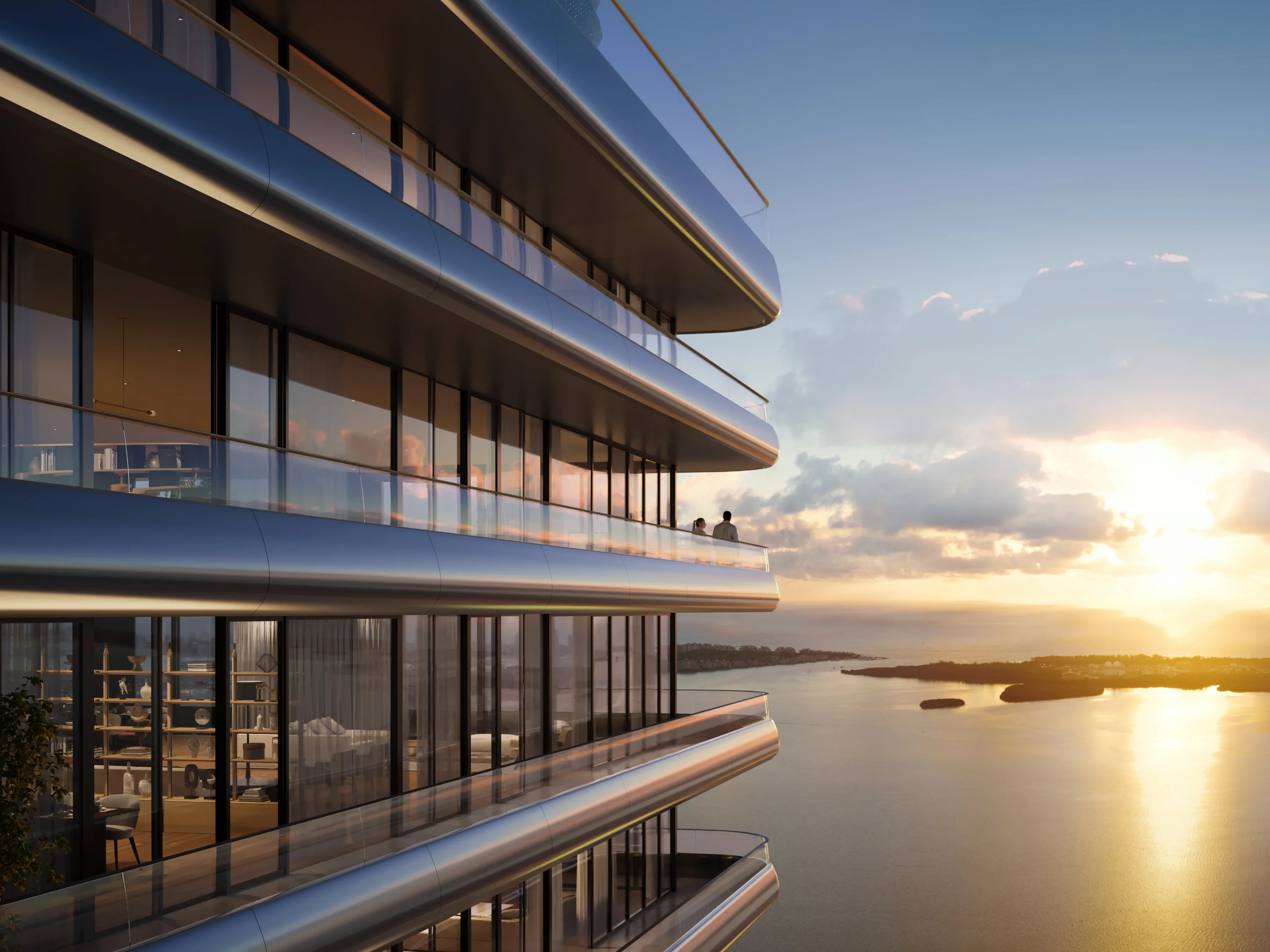 Residential terrace with panoramic bay views during sunset at Mercedes-Benz Places.