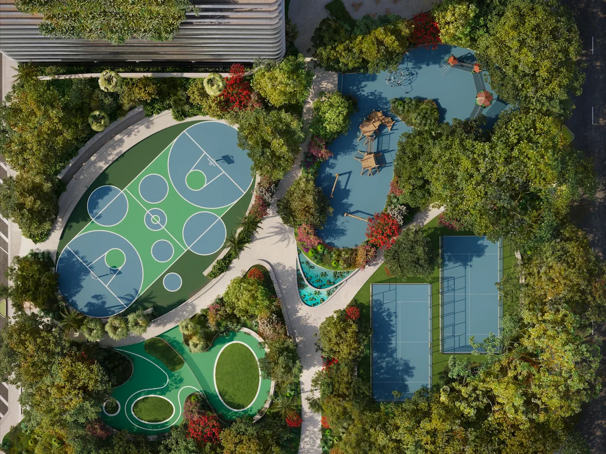Aerial view of the Mercedes-Benz Places complex with green roofs, pools, and landscaped decks