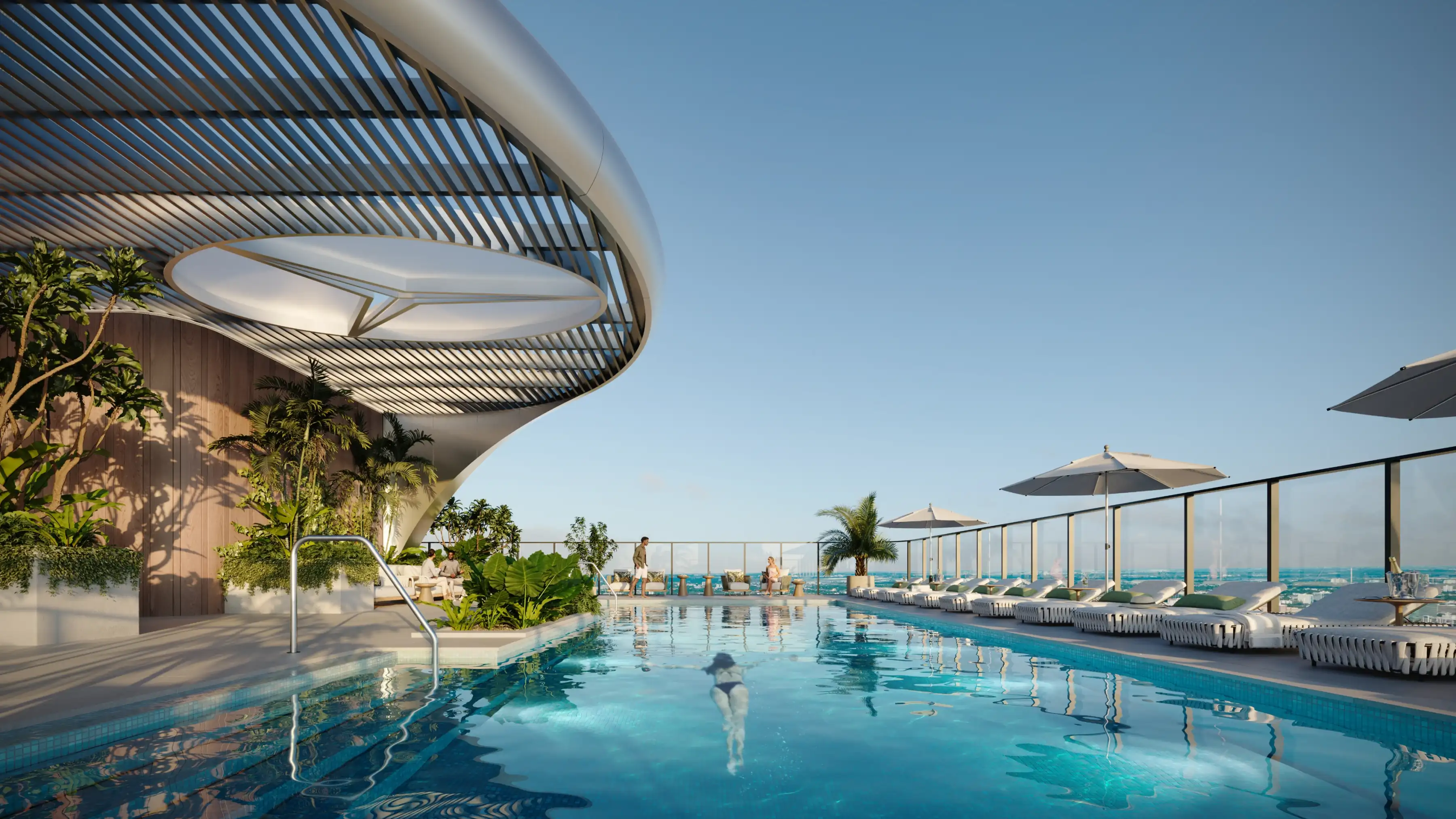 Infinity-edge pool overlooking the bay with loungers and futuristic canopy structures.