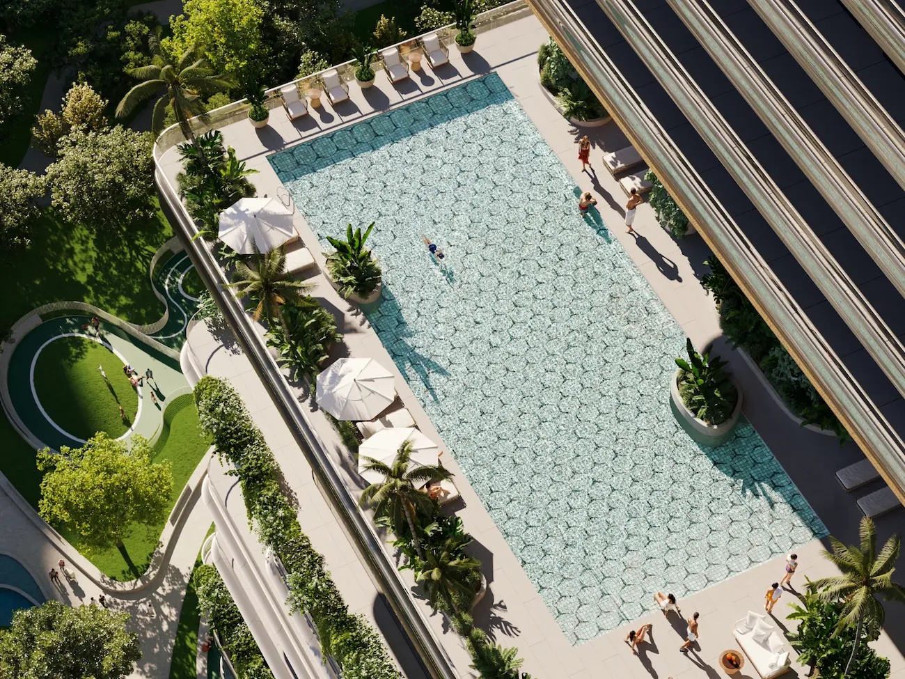 Infinity-edge pool overlooking the bay with loungers and futuristic canopy structures.