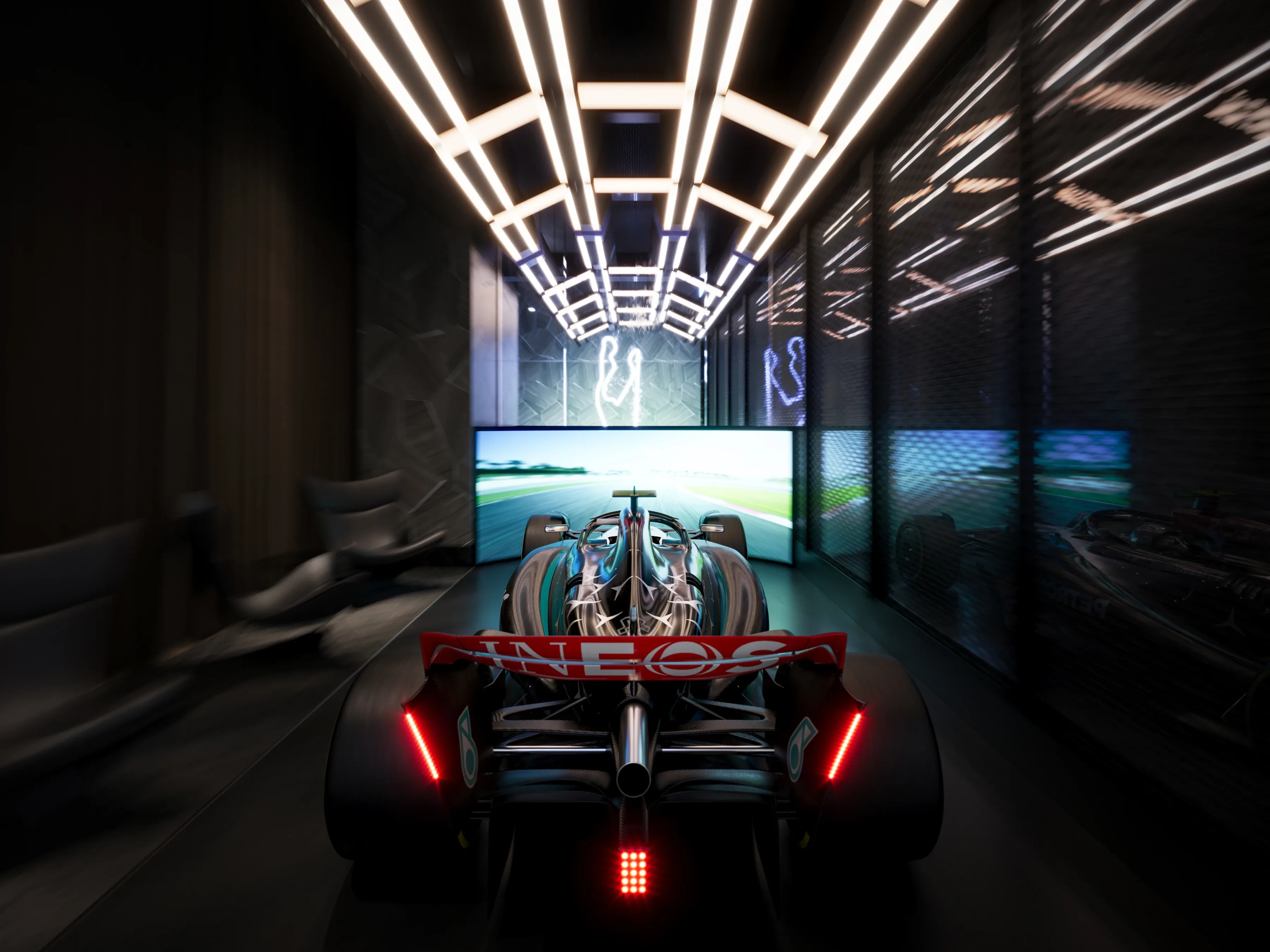 High-end driving simulator room with LED tunnel lighting inspired by Mercedes-AMG design.
