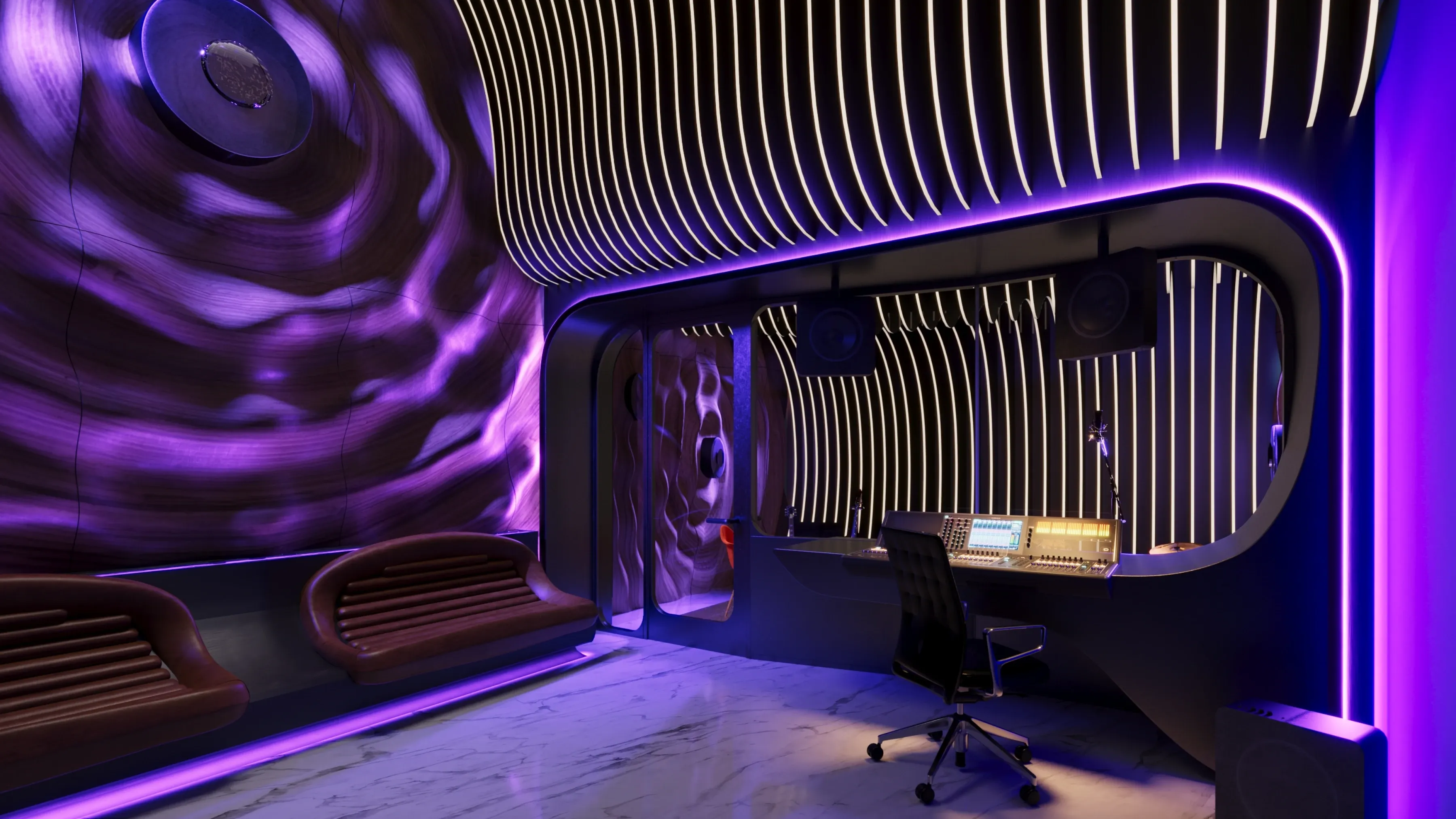 Futuristic entertainment lounge with purple LED lighting and sculptural acoustic panels.