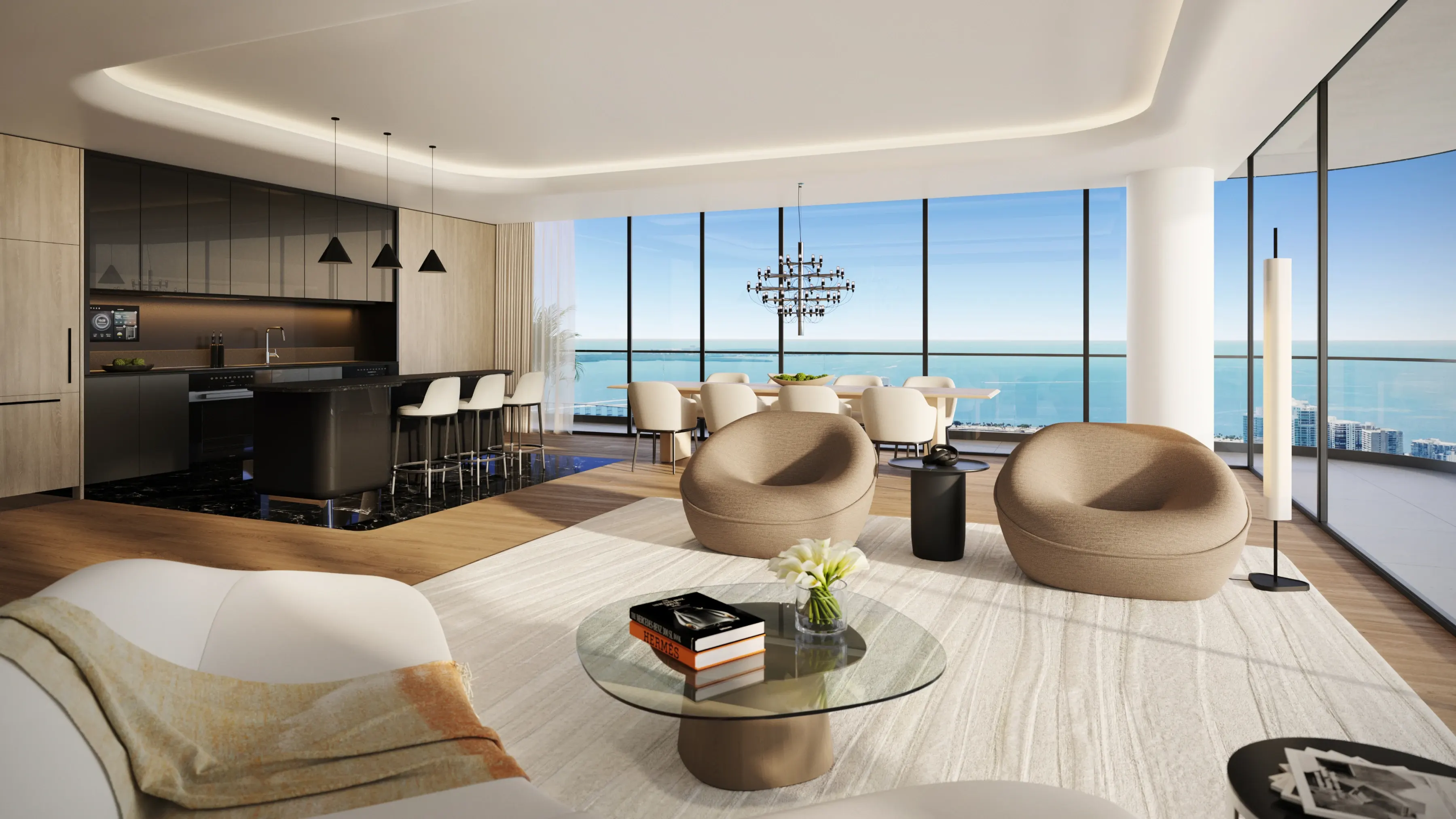 Modern living room with floor-to-ceiling glass and panoramic bay views.