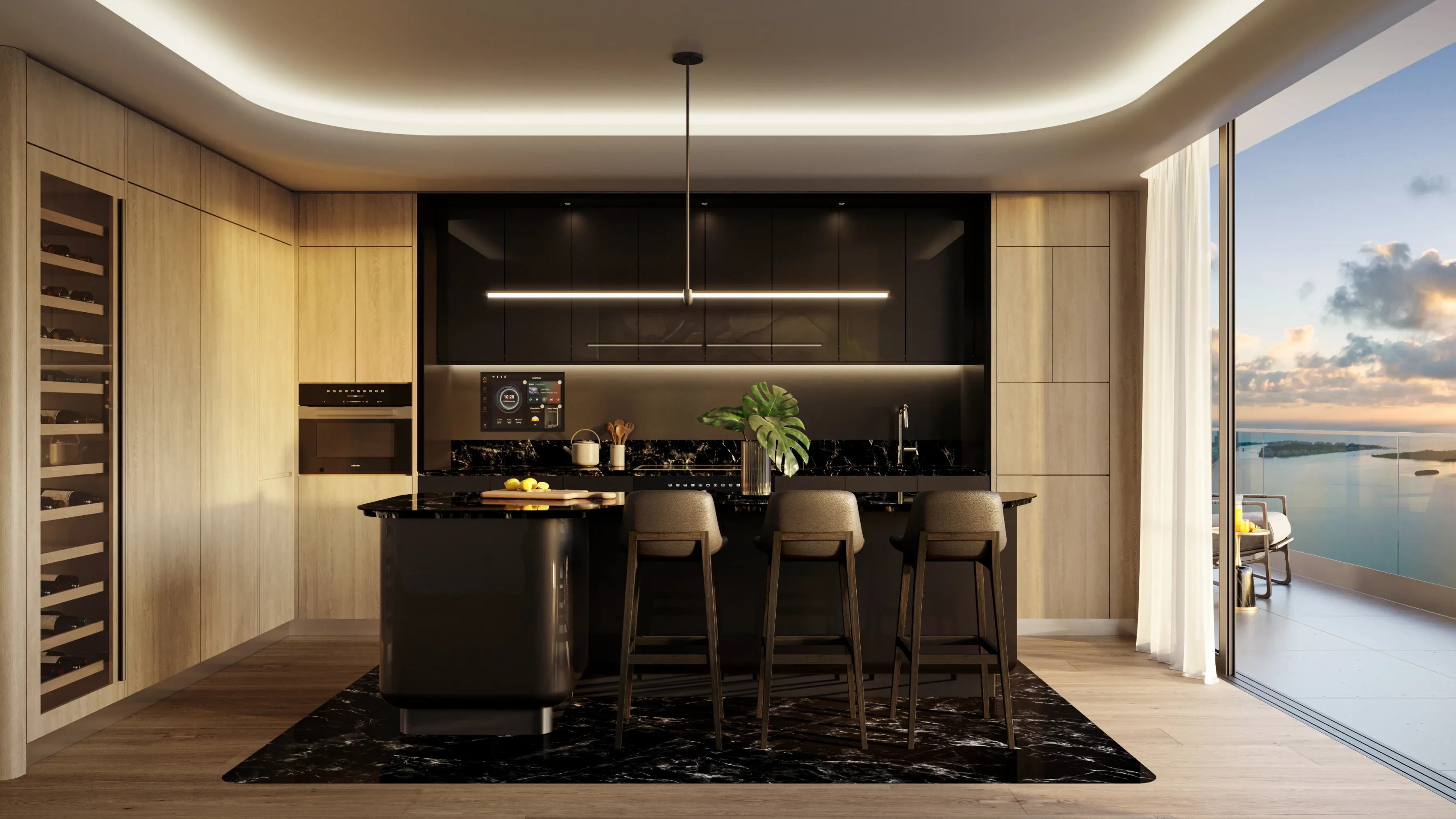 Resort pool area featuring vertical gardens and sunset views.Gourmet kitchen with marble island, dark cabinetry, and contemporary lighting.