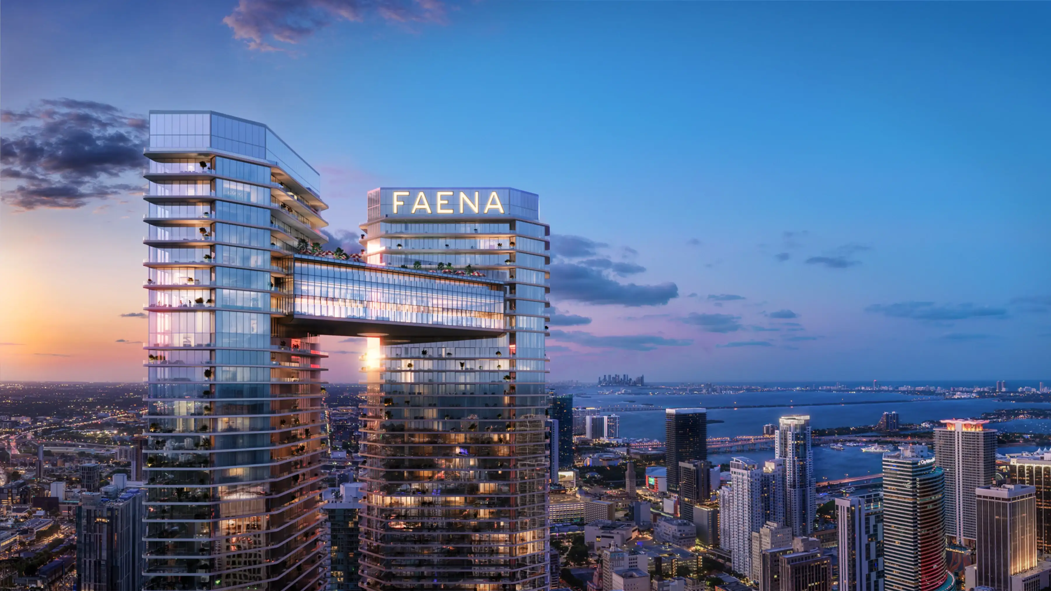Skyline view of the Faena Residences towers in Brickell, Miami.