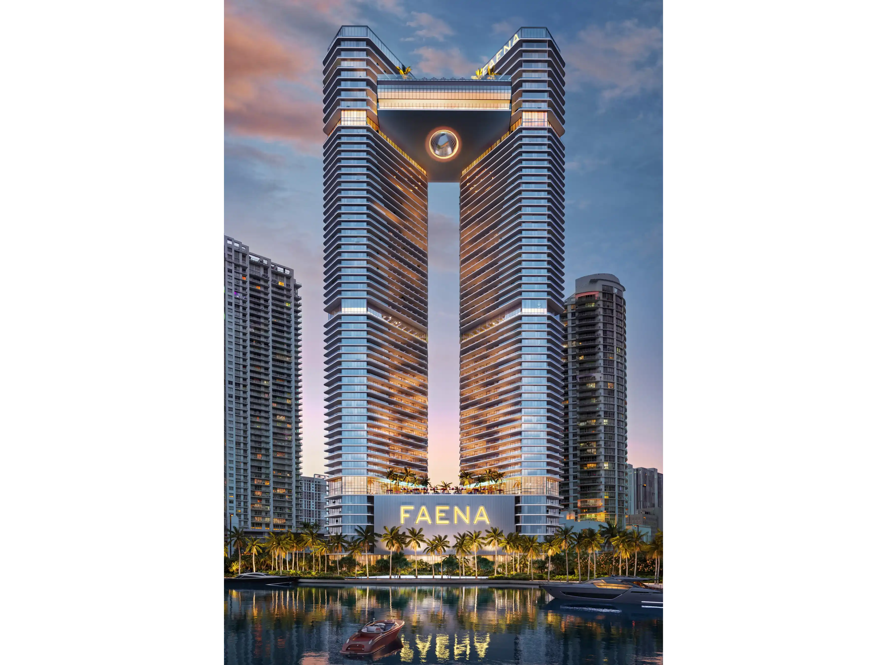 Faena Residences Brickell twin tower exterior with illuminated crown design.