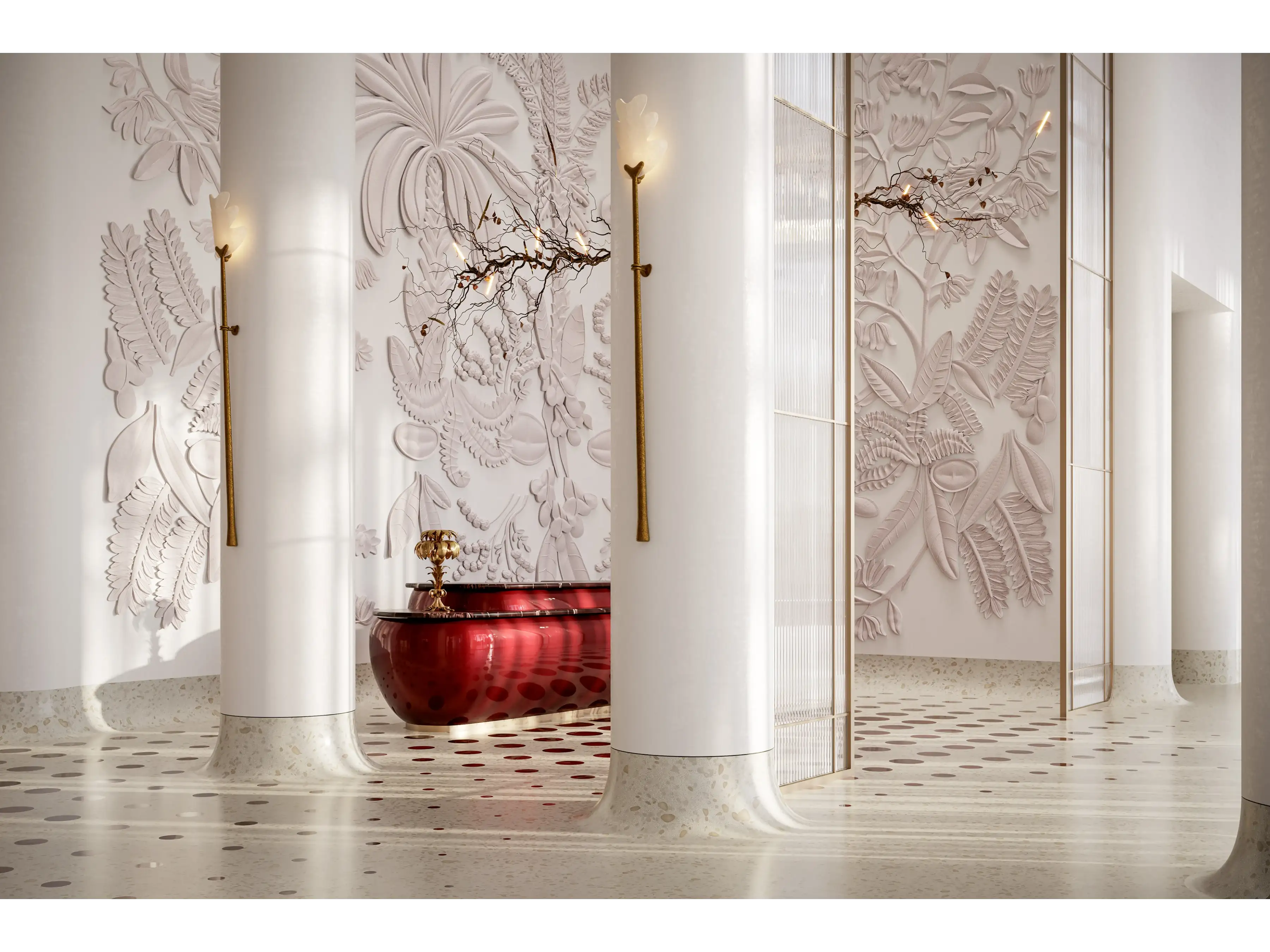 Stylized lobby corridor with textured walls and warm designer lighting.