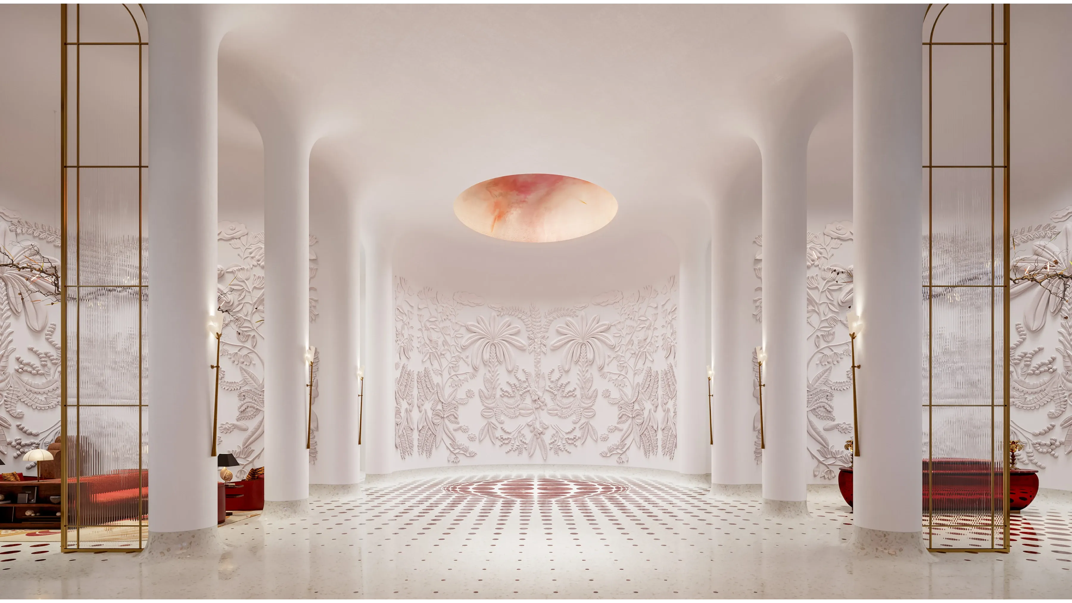 Grand hallway with sculptural columns and ambient lighting at Faena Residences Miami.