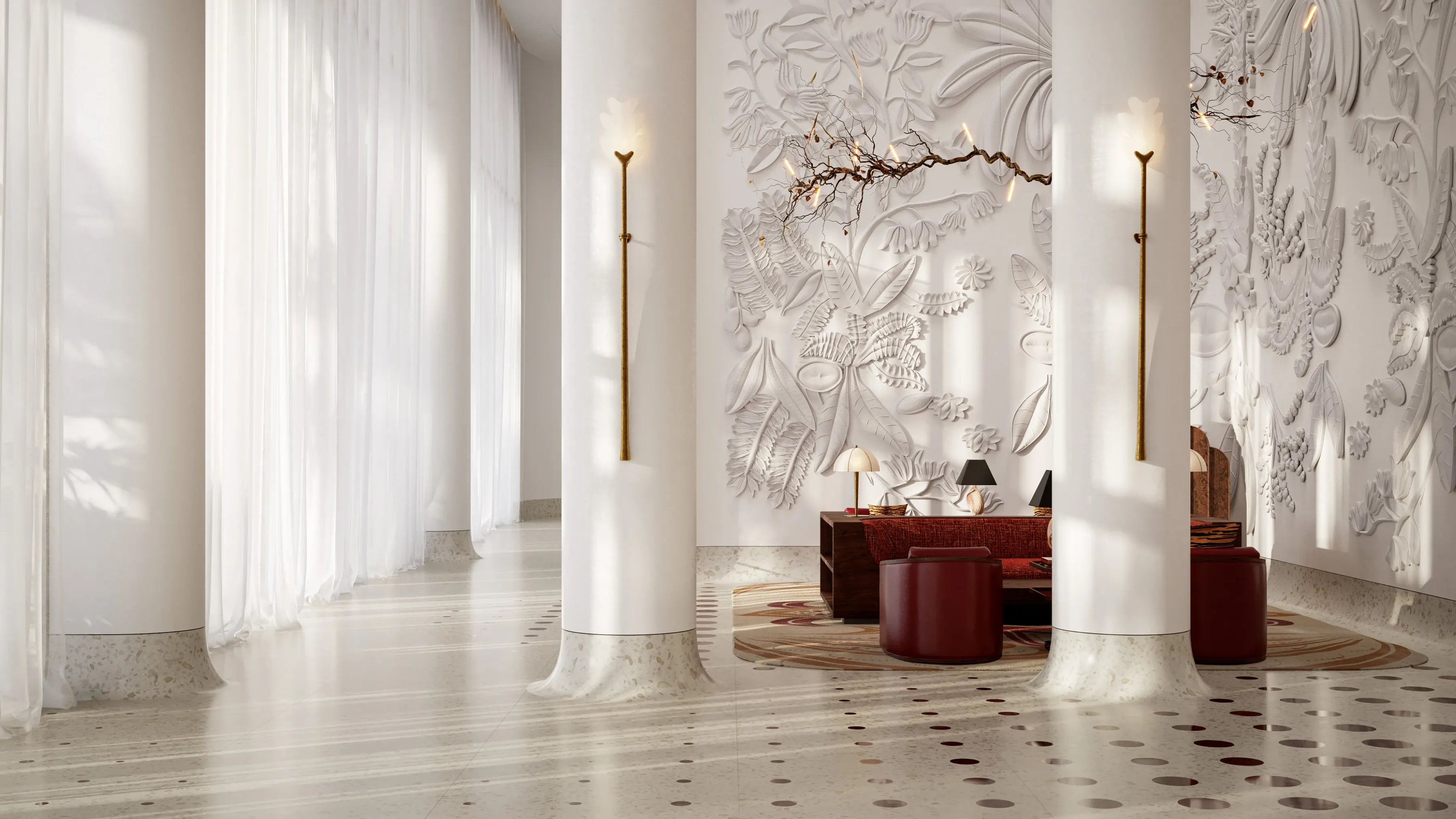 Lobby lounge with artistic wall panels and luxury finishes at Faena Residences.