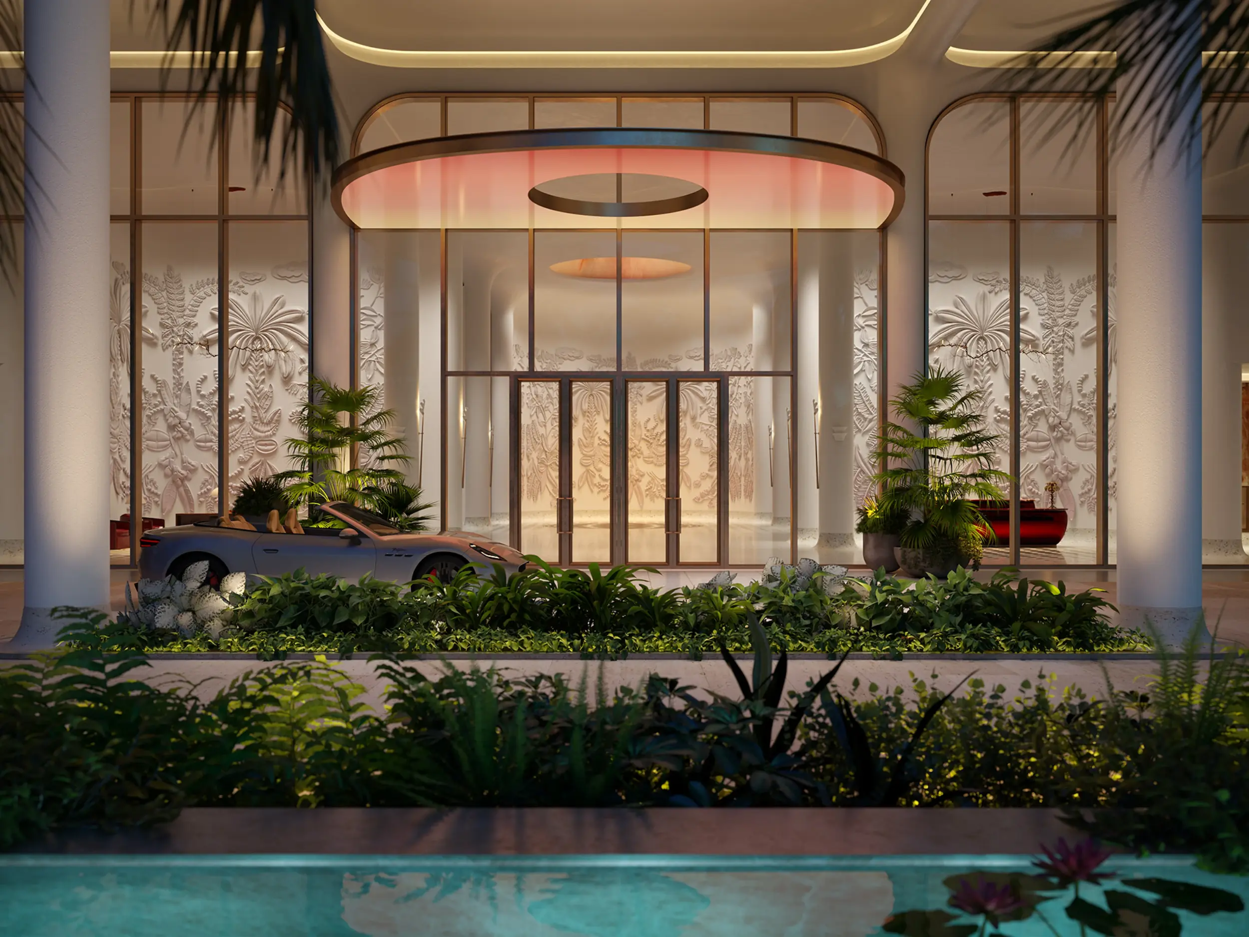 Entrance of Faena Residences featuring landscaped walkways and architectural lighting.