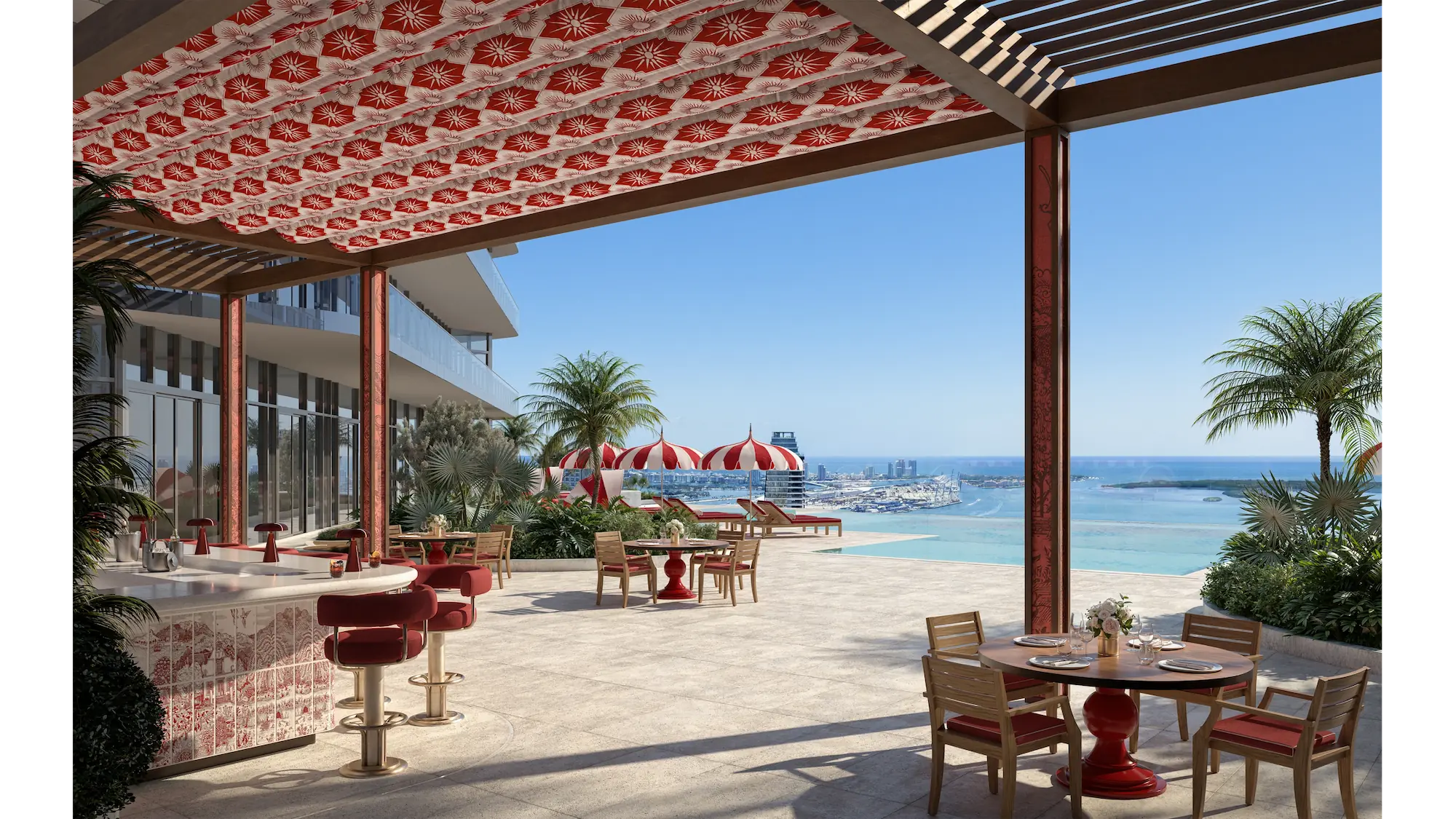 Beachfront dining terrace with shaded pergola at Faena Residences Miami.