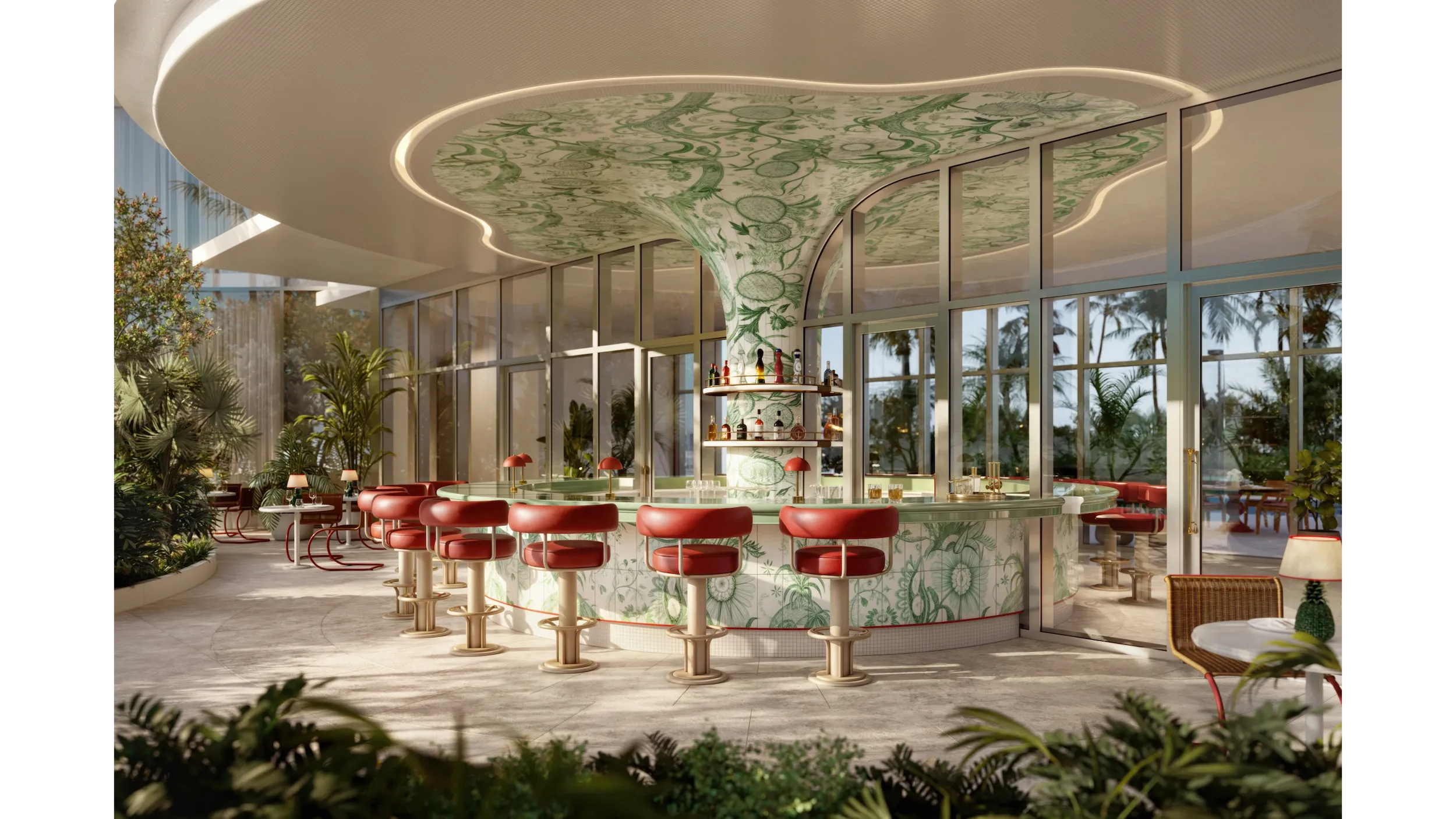 Elegant garden restaurant with circular seating pavilion at Faena Residences.