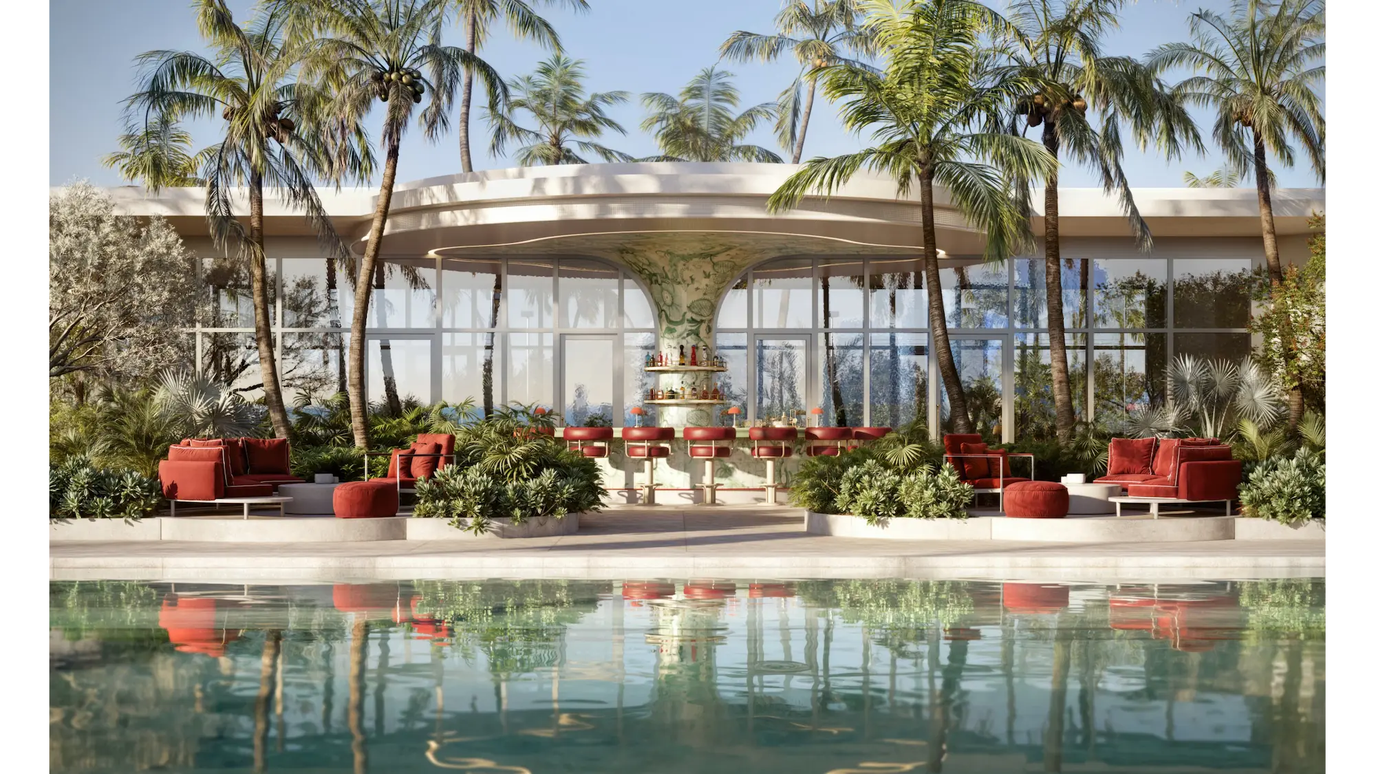 Resort-style pool deck surrounded by palm trees at Faena Residences.
