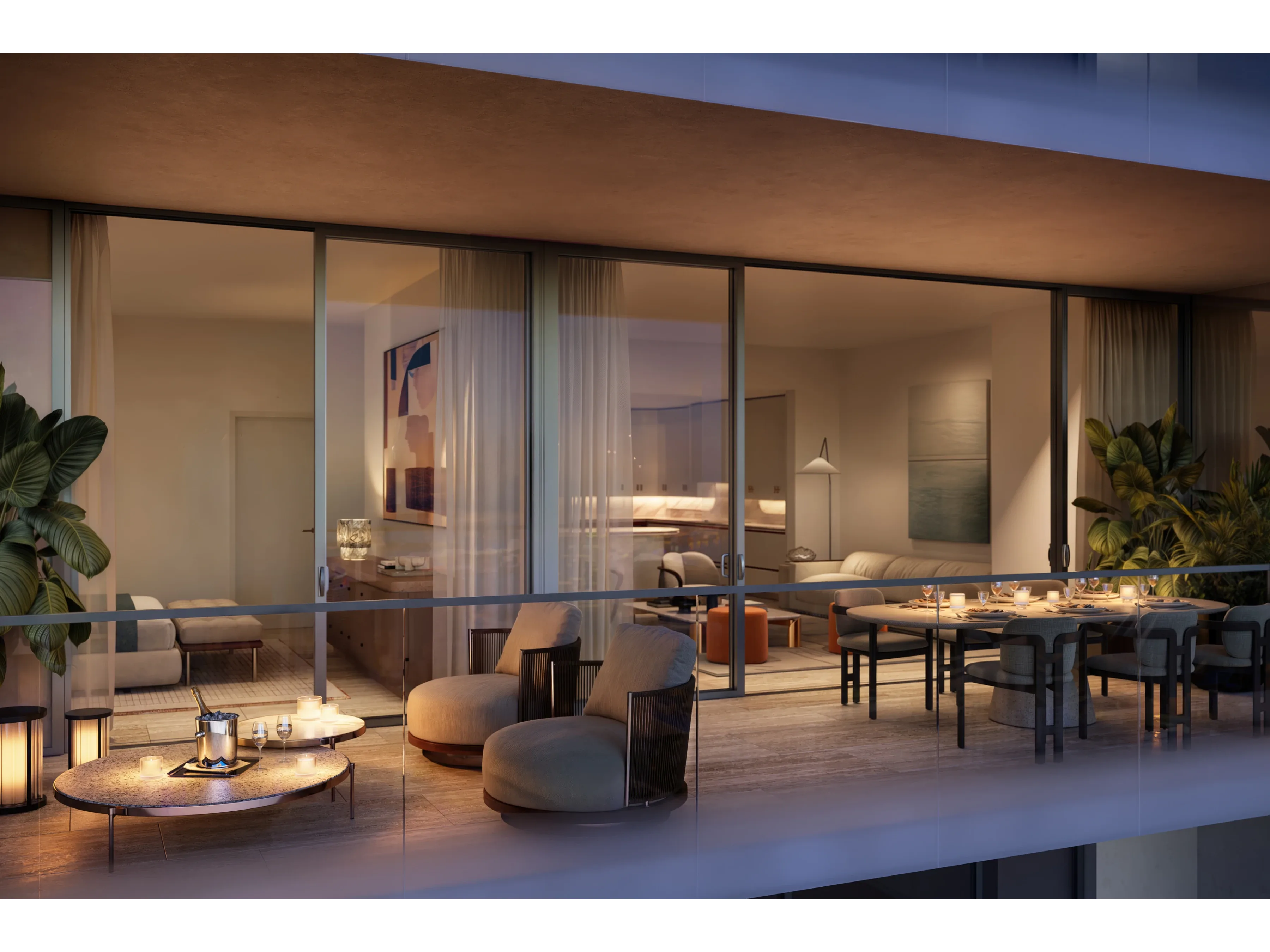 Private terrace dining area overlooking the Miami skyline at Faena Residences.