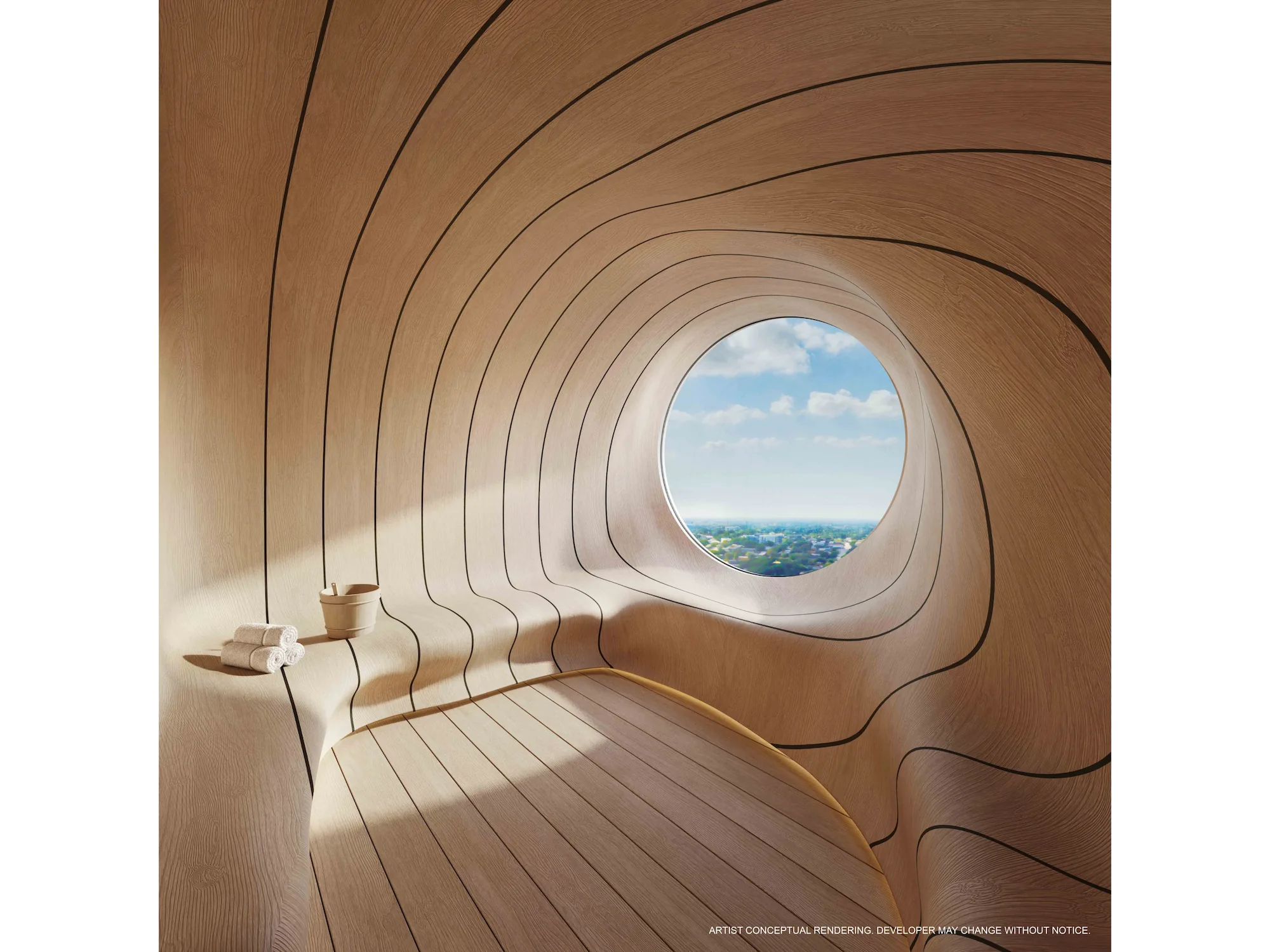Organic sculptural sauna room with curved wood interiors and circular window overlooking the Miami skyline at JEM Downtown Miami.