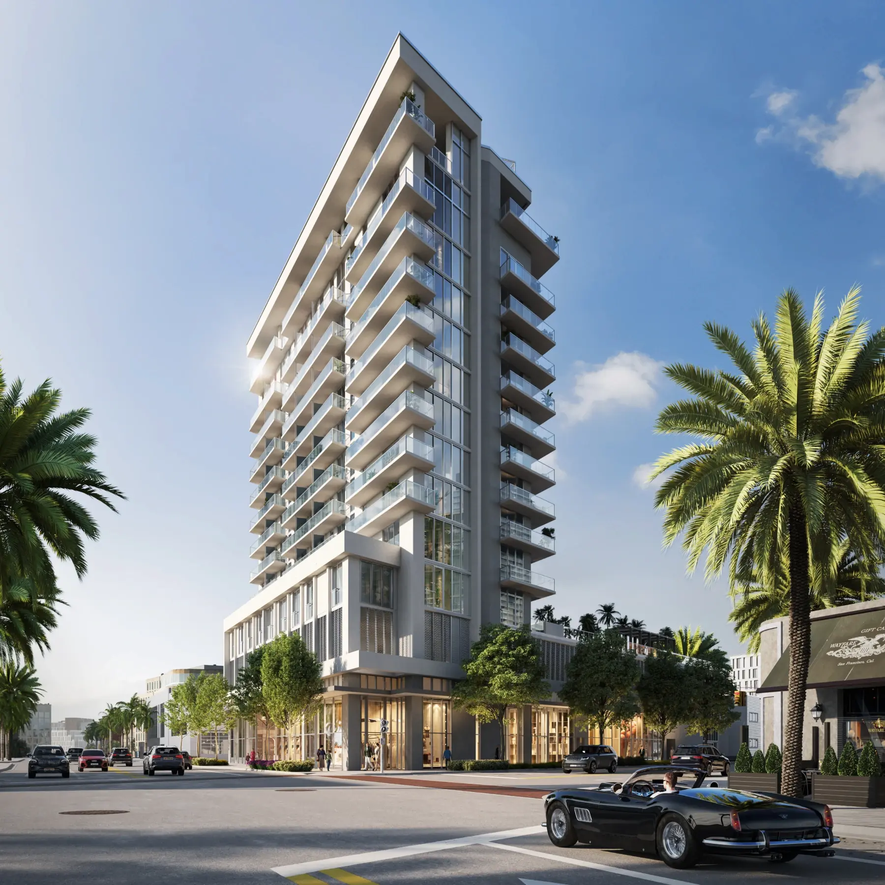 Exterior rendering of Palma Miami Beach, a modern residential tower framed by palm trees and coastal architecture.