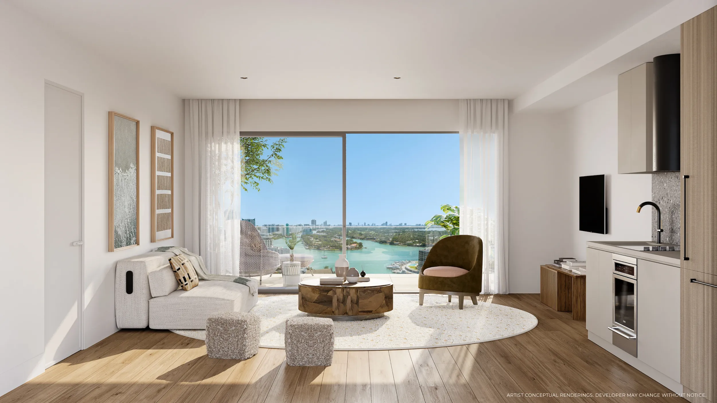 Open living area facing the water with soft neutral interiors at Palma Miami Beach.