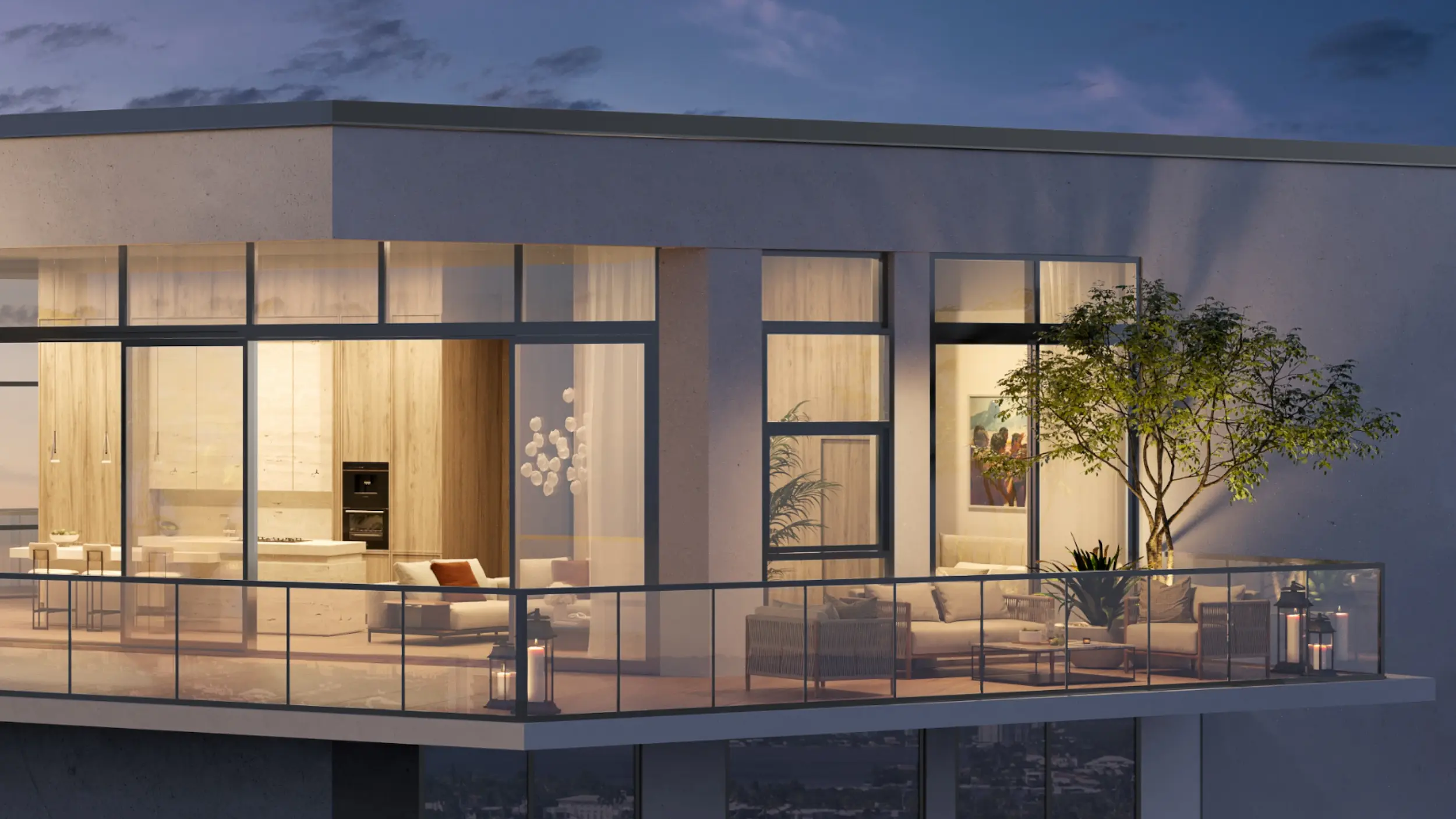Evening terrace residence at Palma Miami Beach with glass walls and expansive bay views.