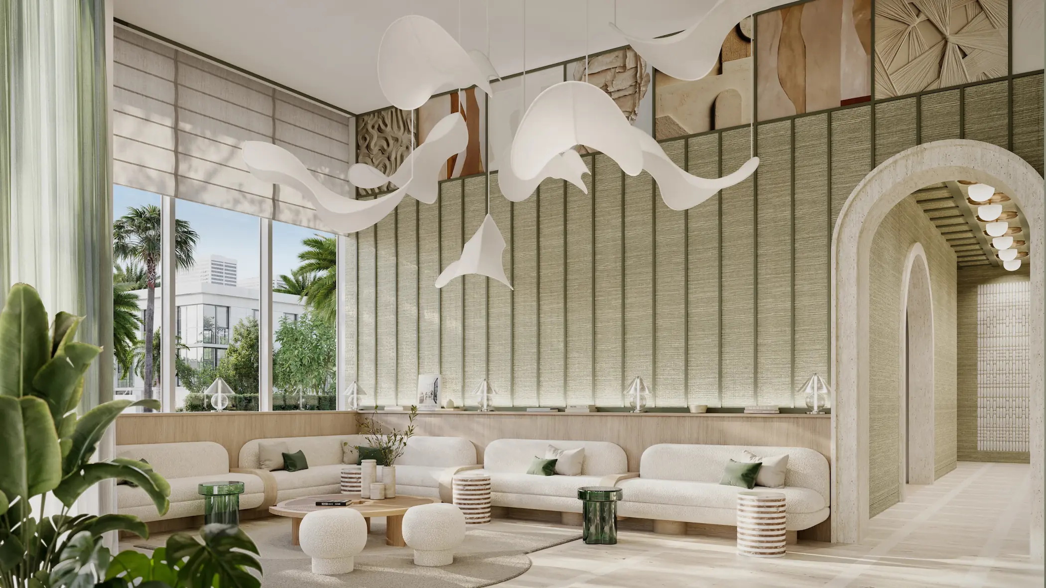 Design-forward lobby lounge with sculptural lighting and modern organic interiors at Palma Miami Beach.