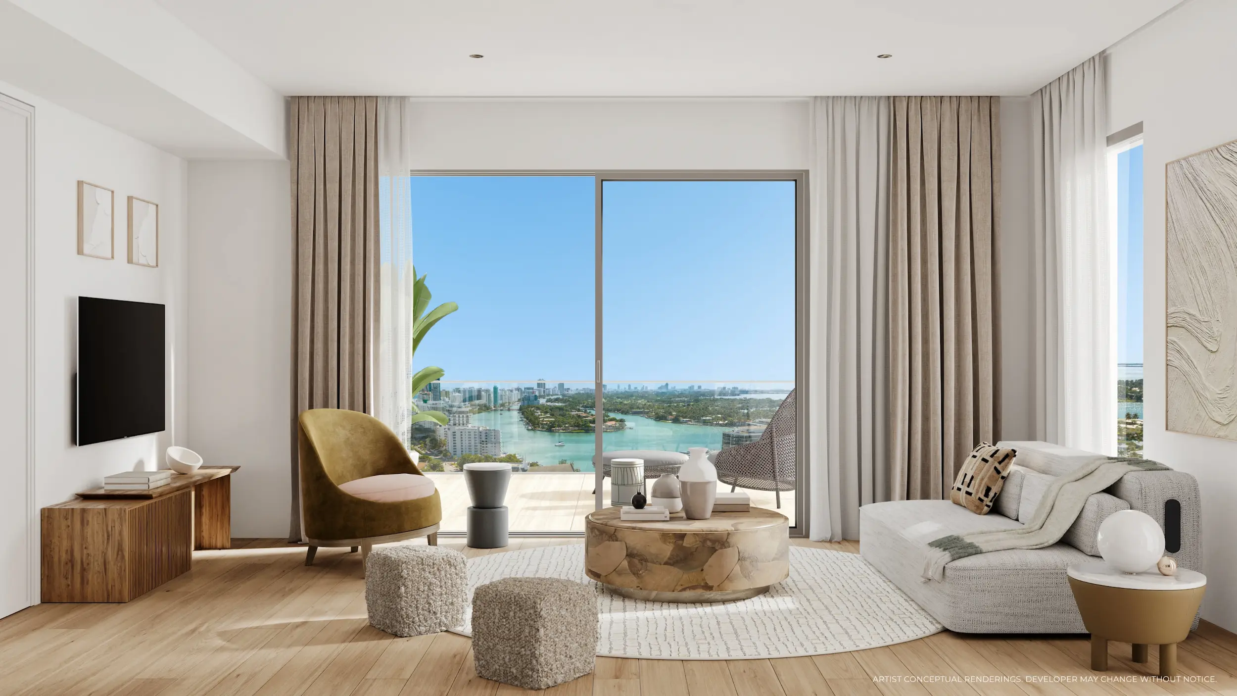 Light-filled living room with ocean views and contemporary furnishings at Palma Miami Beach.