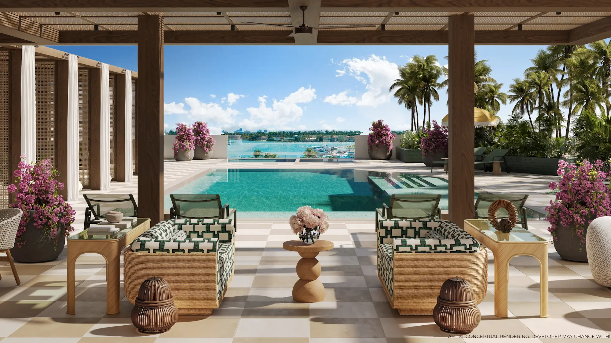 Beachfront lounge with panoramic turquoise water views at Palma Miami Beach.