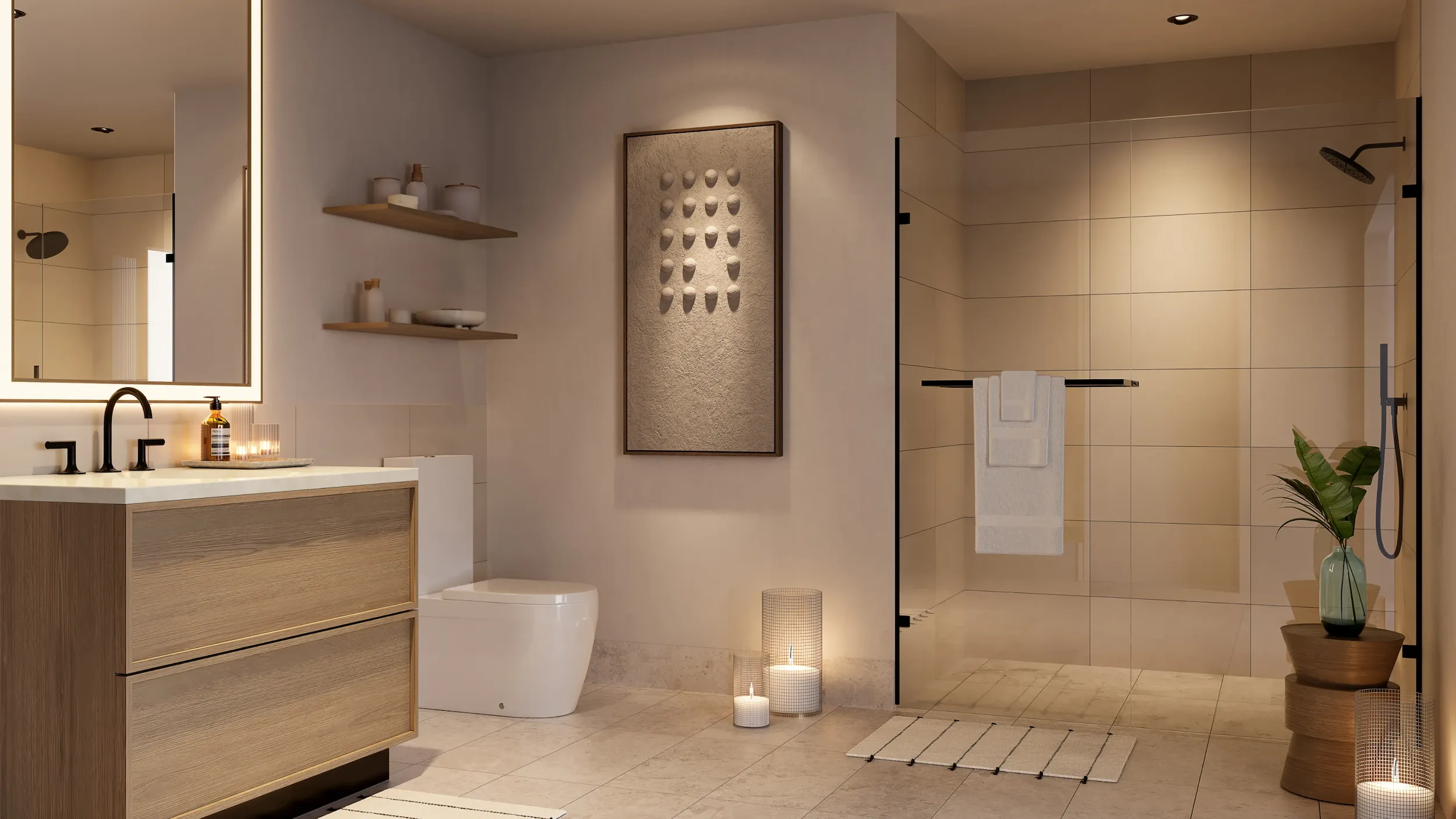 Luxury bathroom with walk-in shower, warm lighting, and contemporary fixtures at Palma Miami Beach.