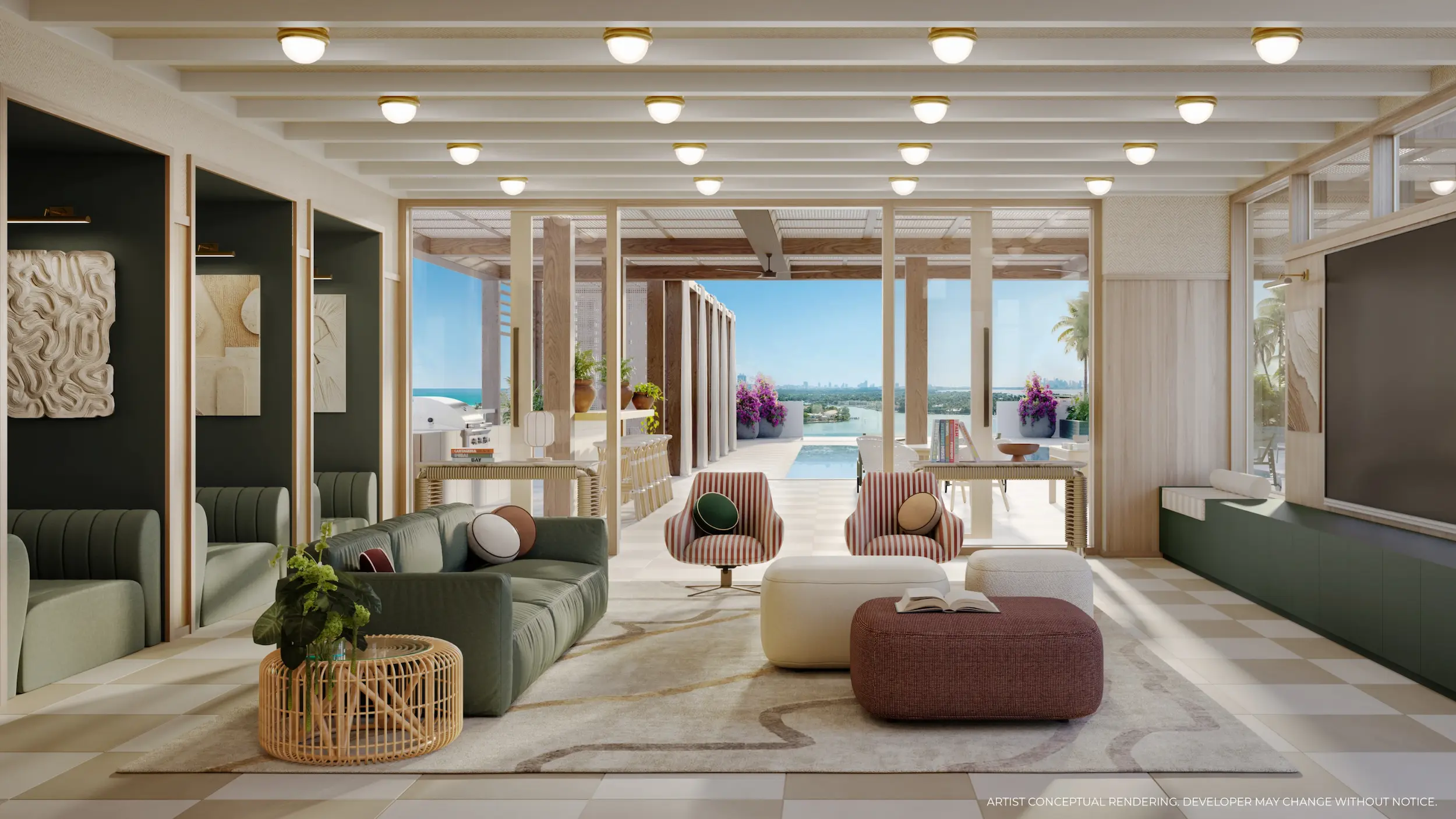 Indoor social lounge with coastal décor and ocean-facing seating at Palma Miami Beach.