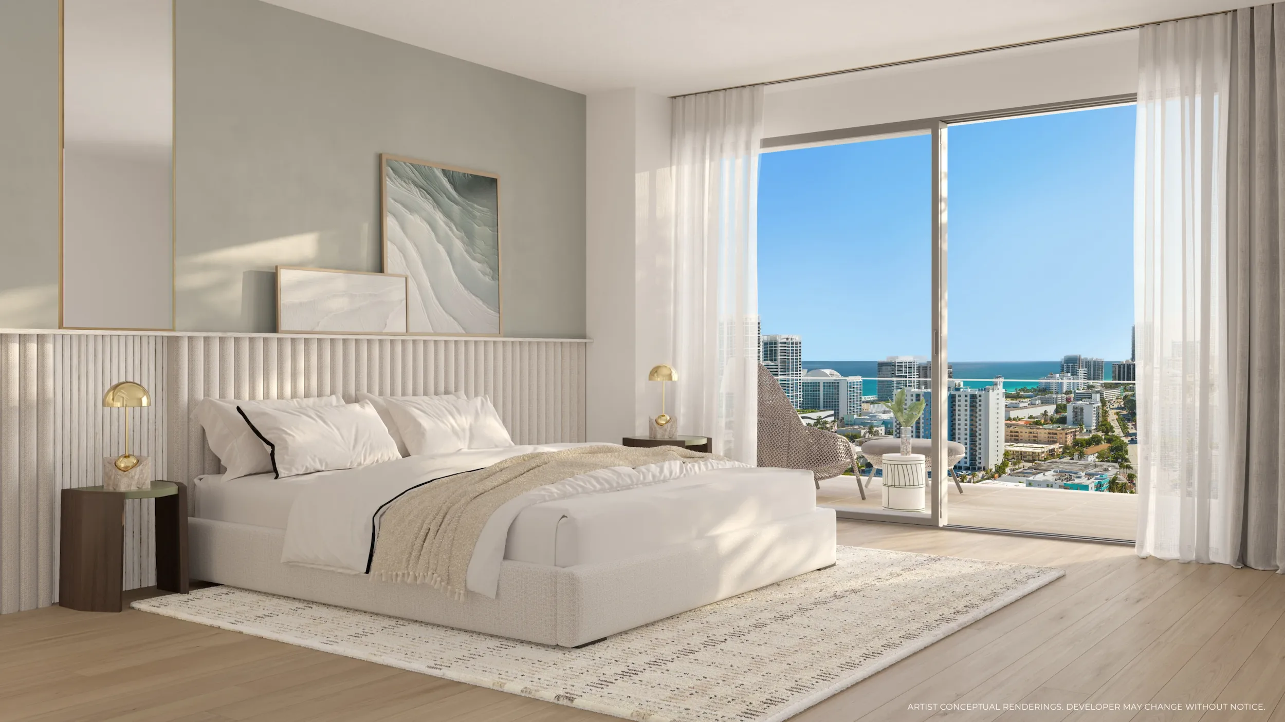 Primary bedroom with floor-to-ceiling windows and serene ocean views at Palma Miami Beach.