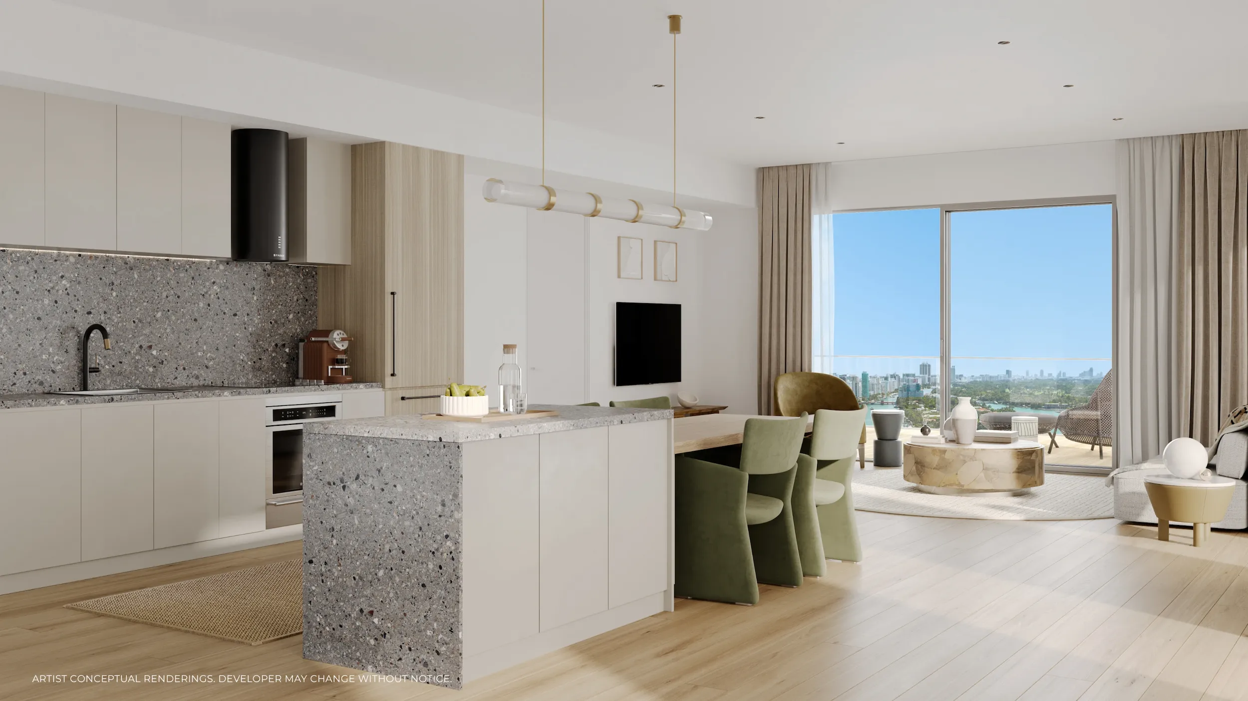 Modern kitchen and dining area with coastal views and high-end finishes at Palma Miami Beach.