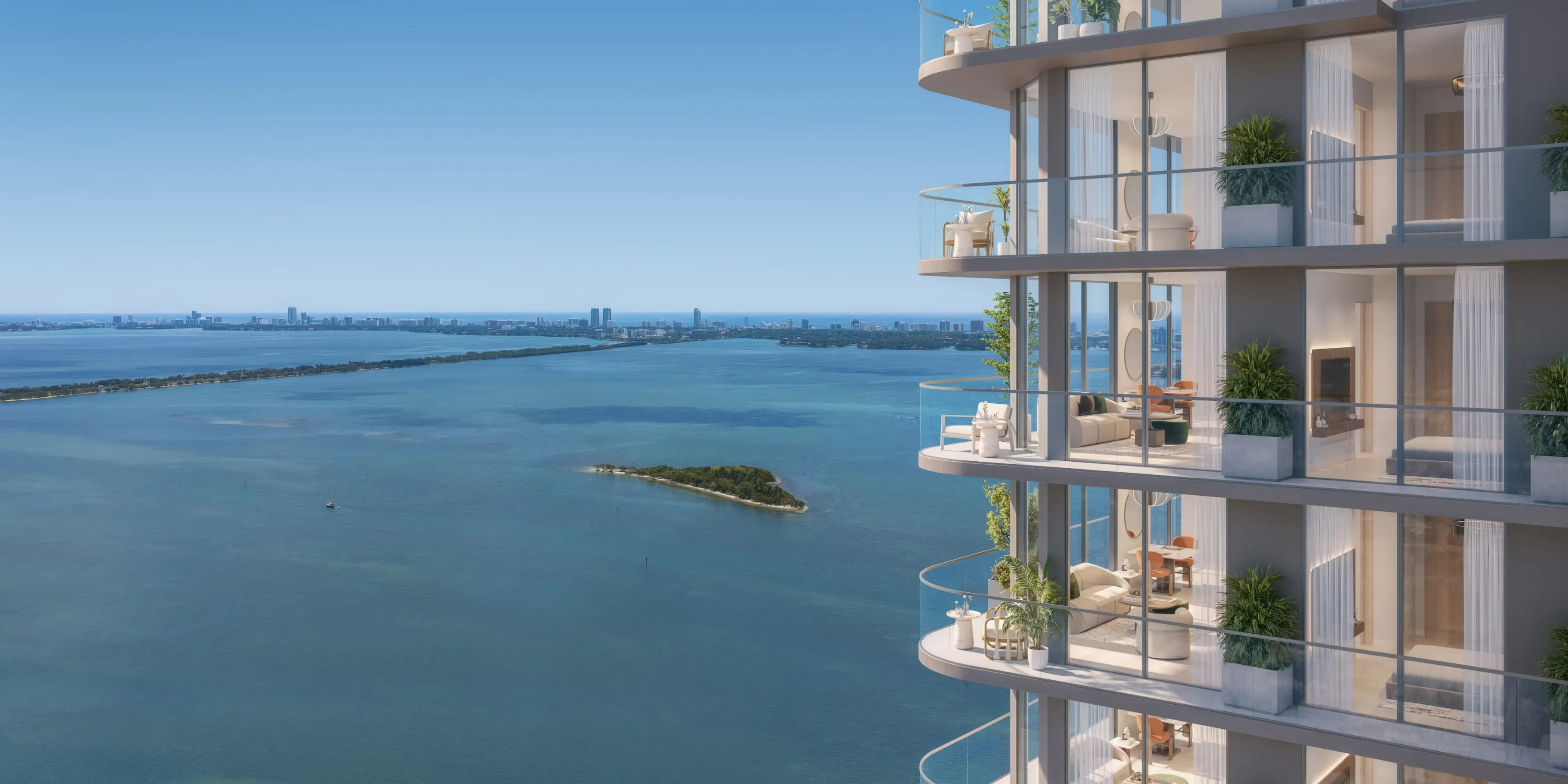 Waterfront residences at Edge House Miami featuring private balconies overlooking Biscayne Bay.