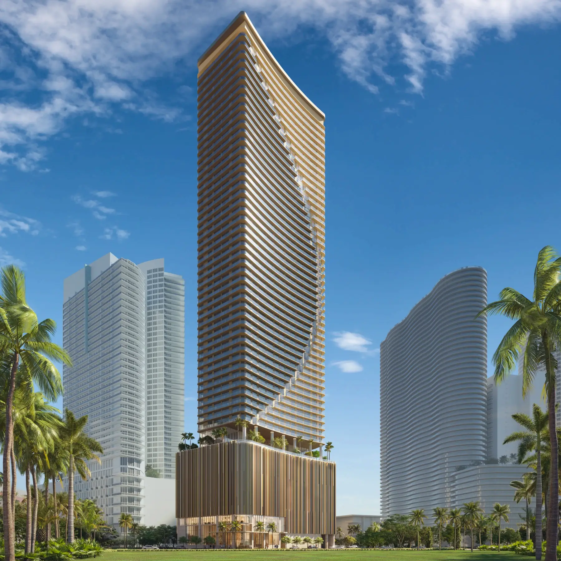 Exterior view of Edge House Miami, a modern high-rise tower with a sleek glass facade in Edgewater.
