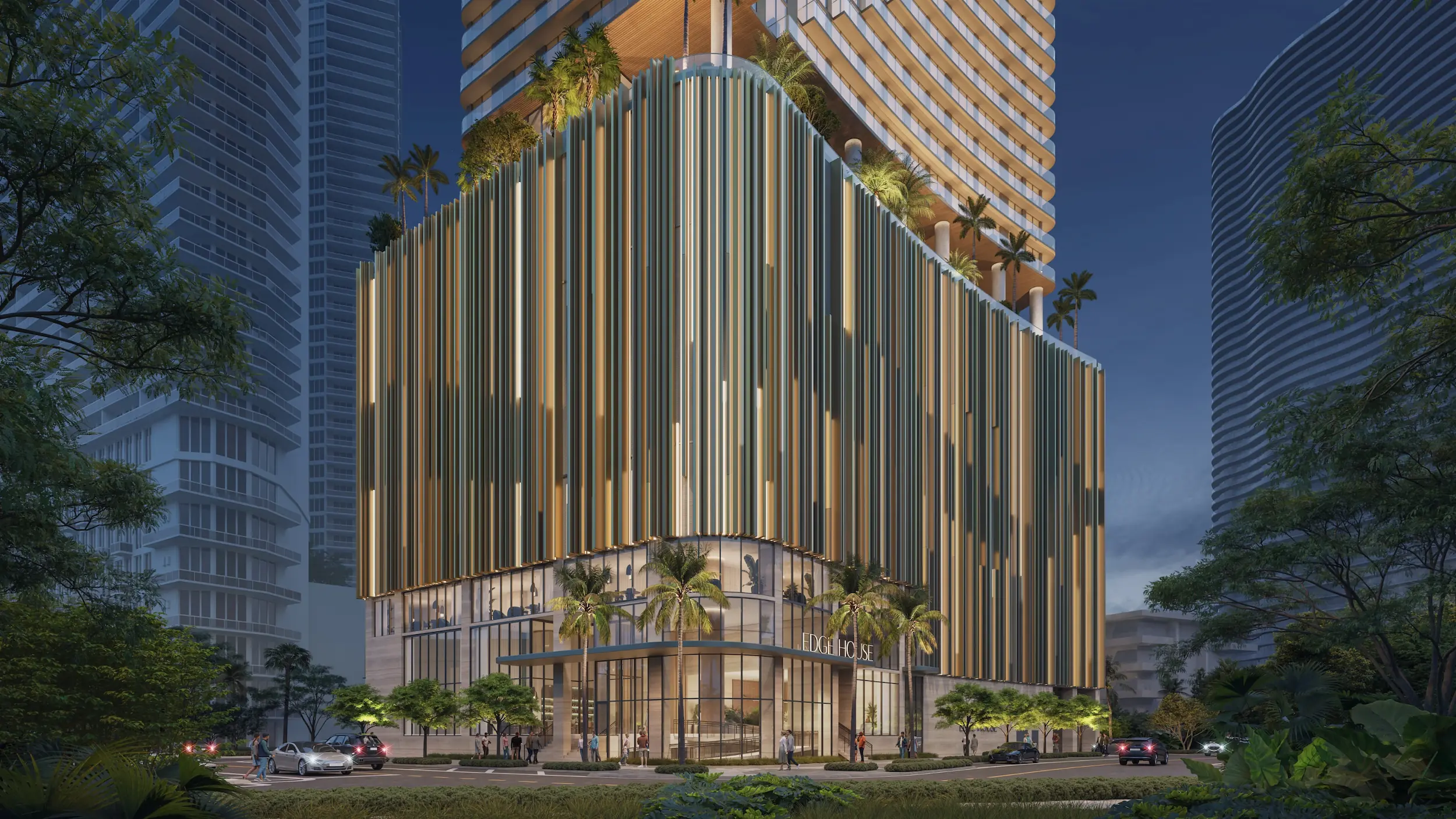 Exterior view of Edge House Miami, modern high-rise tower with sculptural facade in Edgewater