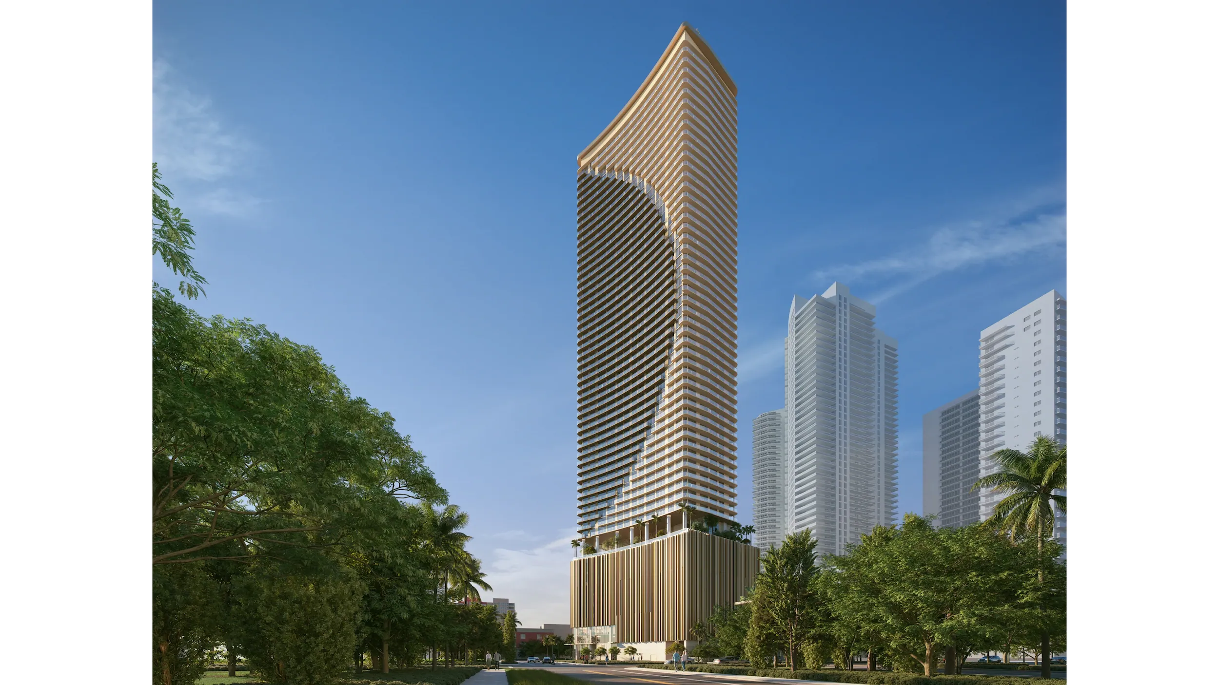 Architectural rendering of Edge House Miami with curved tower design and surrounding city skyline.