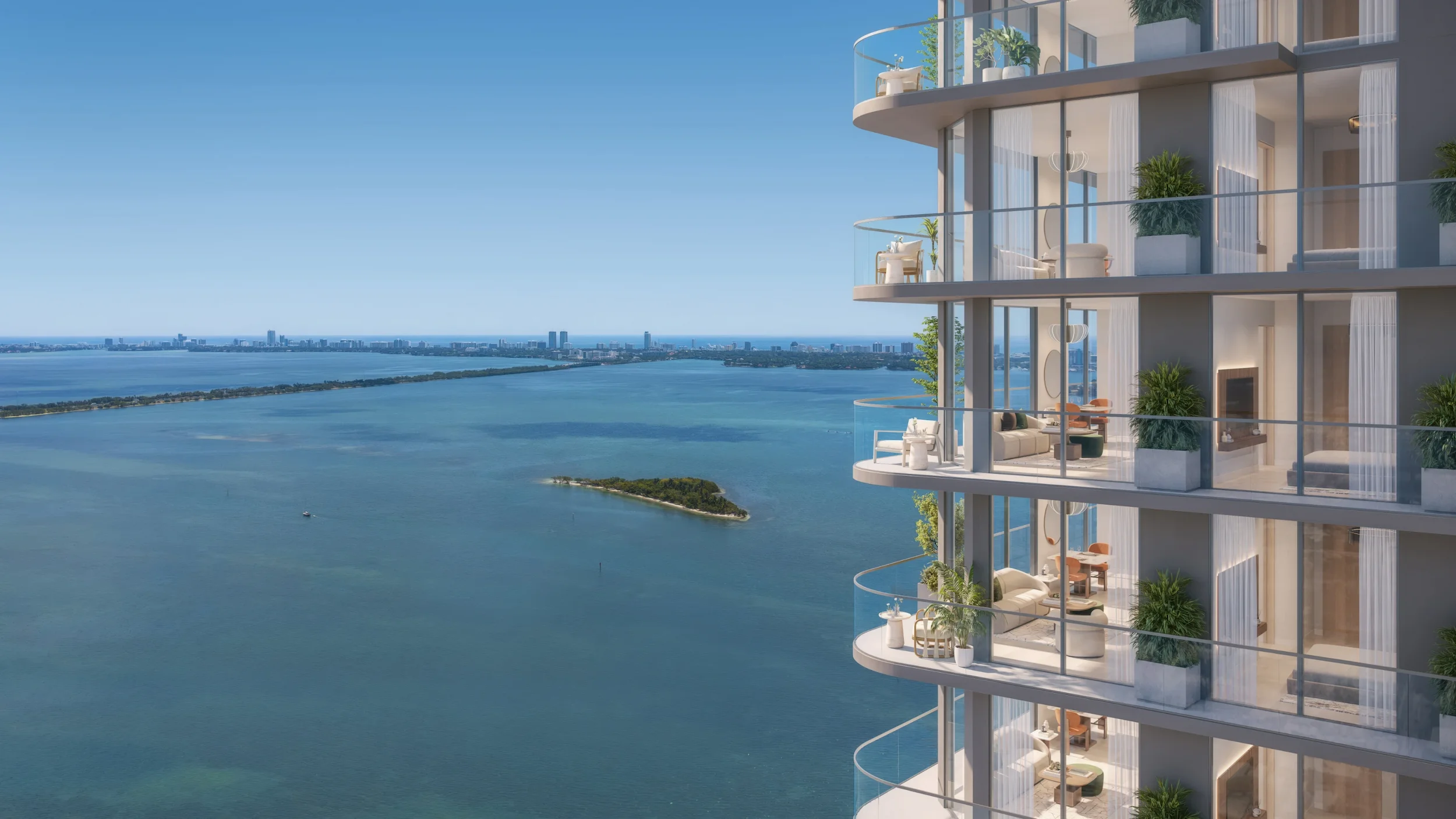 Waterfront-facing residences at Edge House Miami with private balconies overlooking Biscayne Bay.