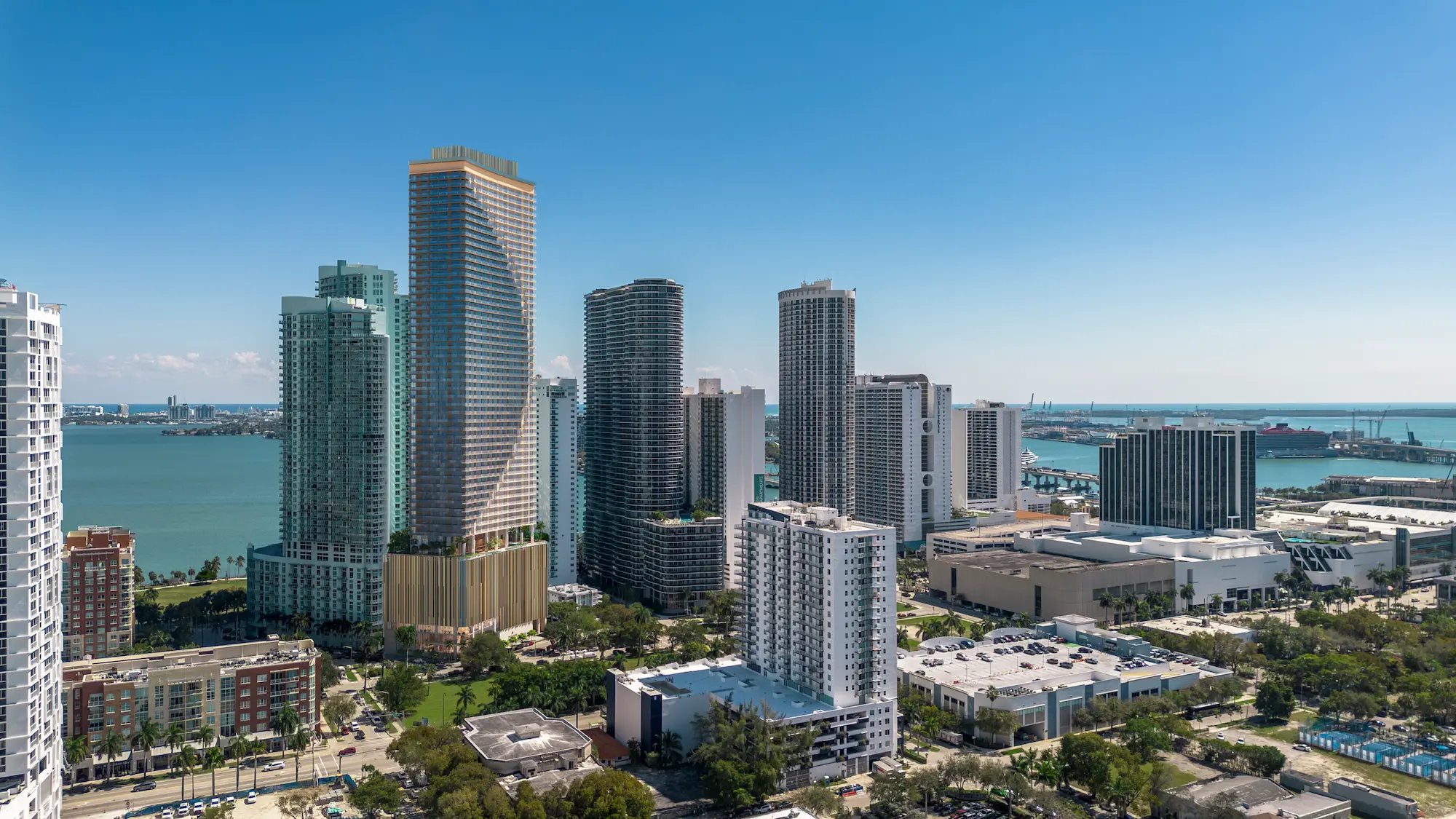 Aerial view of Edgewater Miami with Edge House positioned near the bay and city skyline.