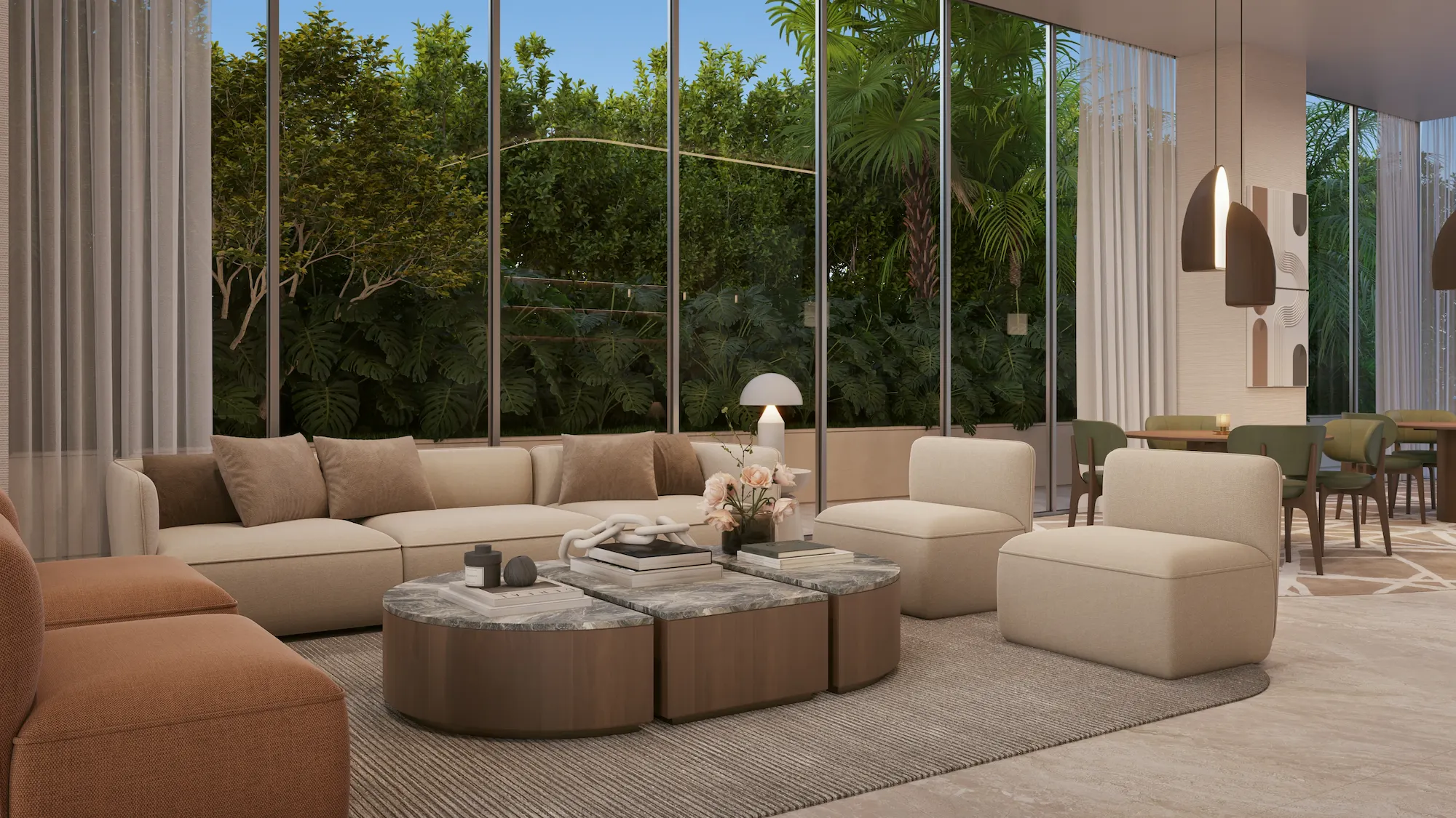 Social lounge overlooking lush tropical landscaping at Edge House Miami.