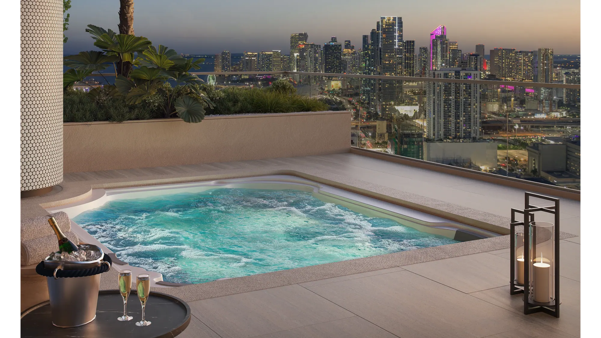 Rooftop jacuzzi and relaxation terrace overlooking the Miami skyline at Edge House.