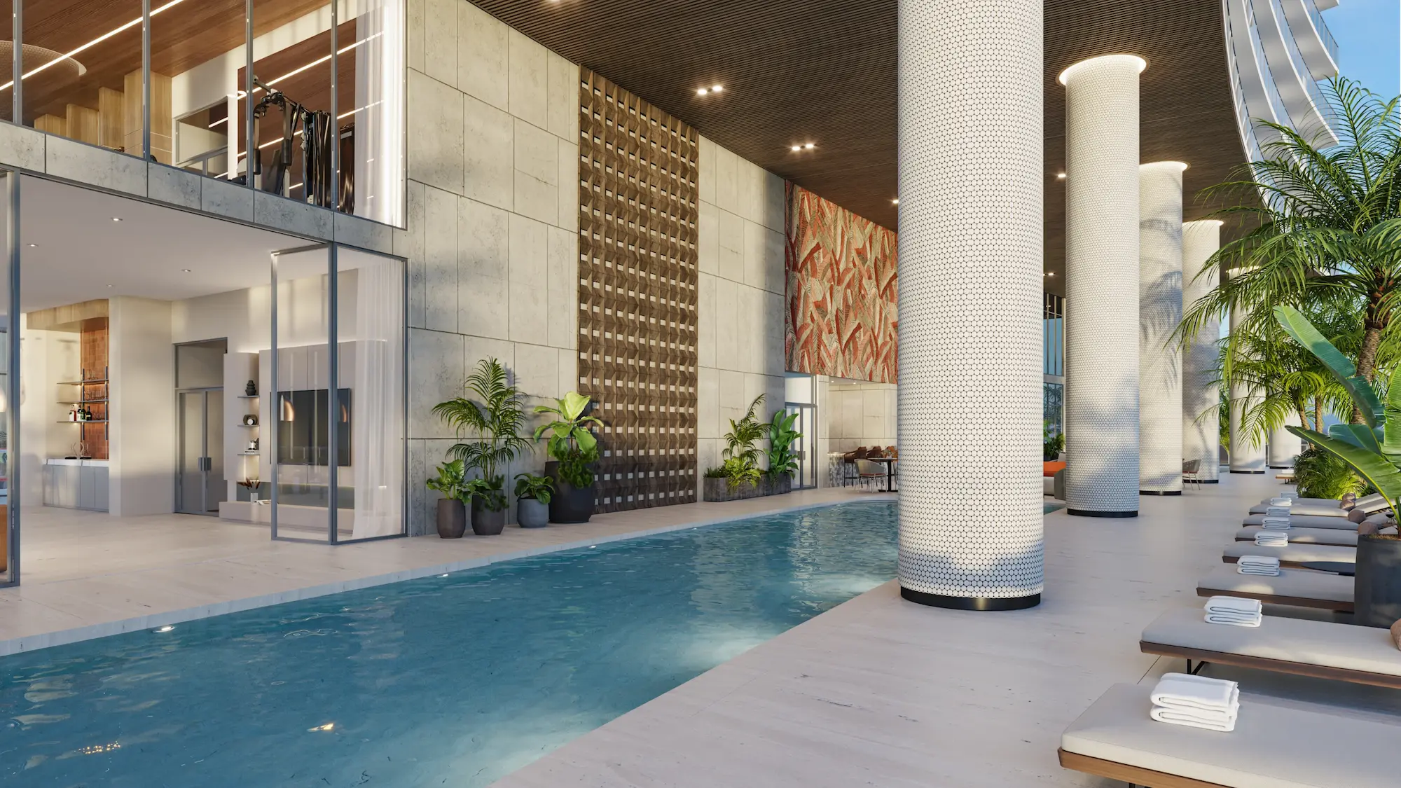 Elevated pool deck with cabanas and panoramic city views at Edge House Miami.