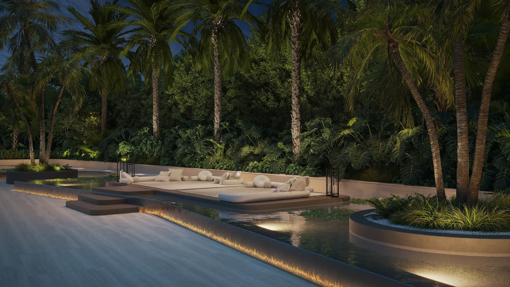 Outdoor resort pool surrounded by tropical palm trees at Edge House Miami.