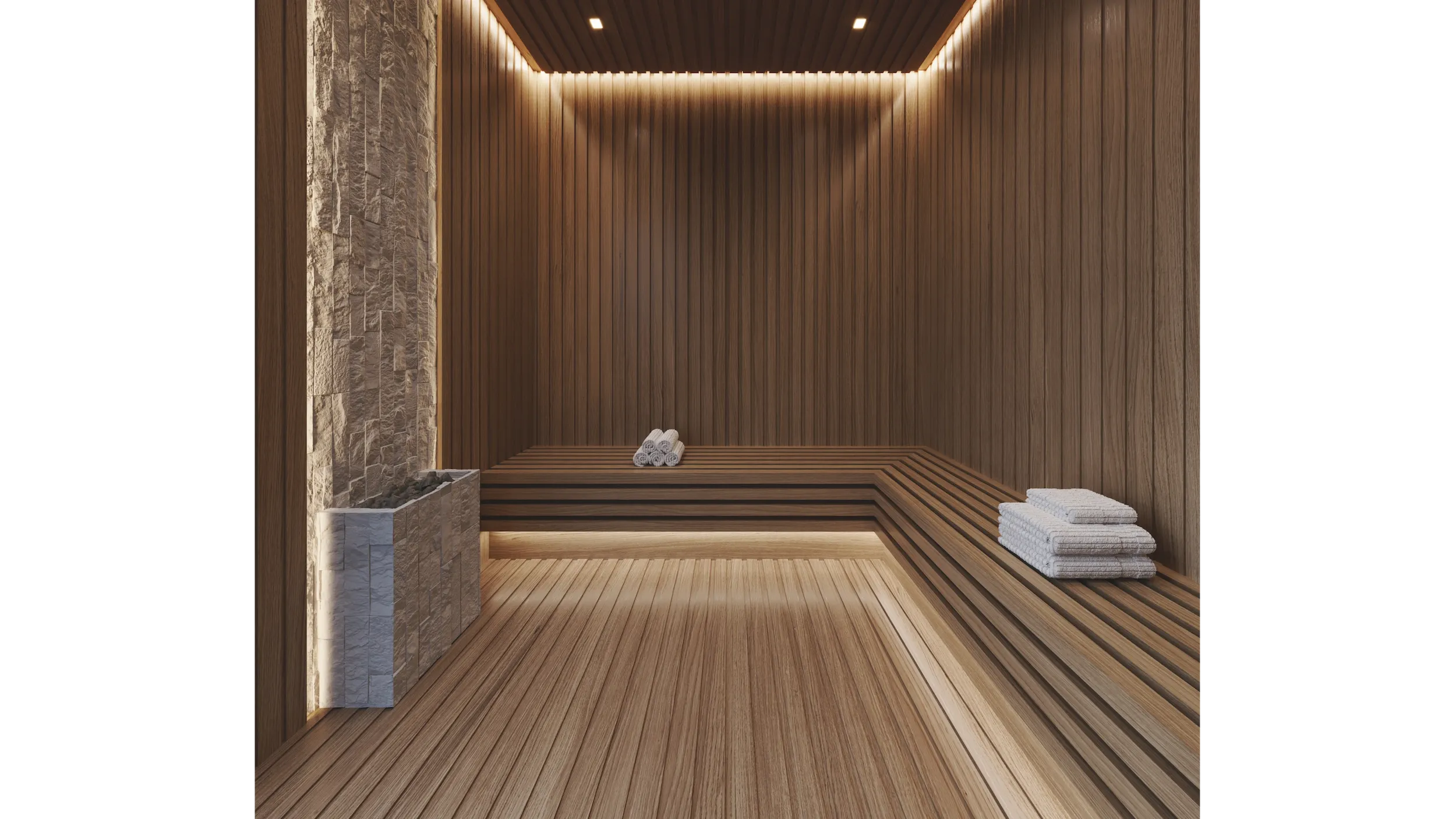 Wooden sauna room with ambient lighting at Edge House Miami.