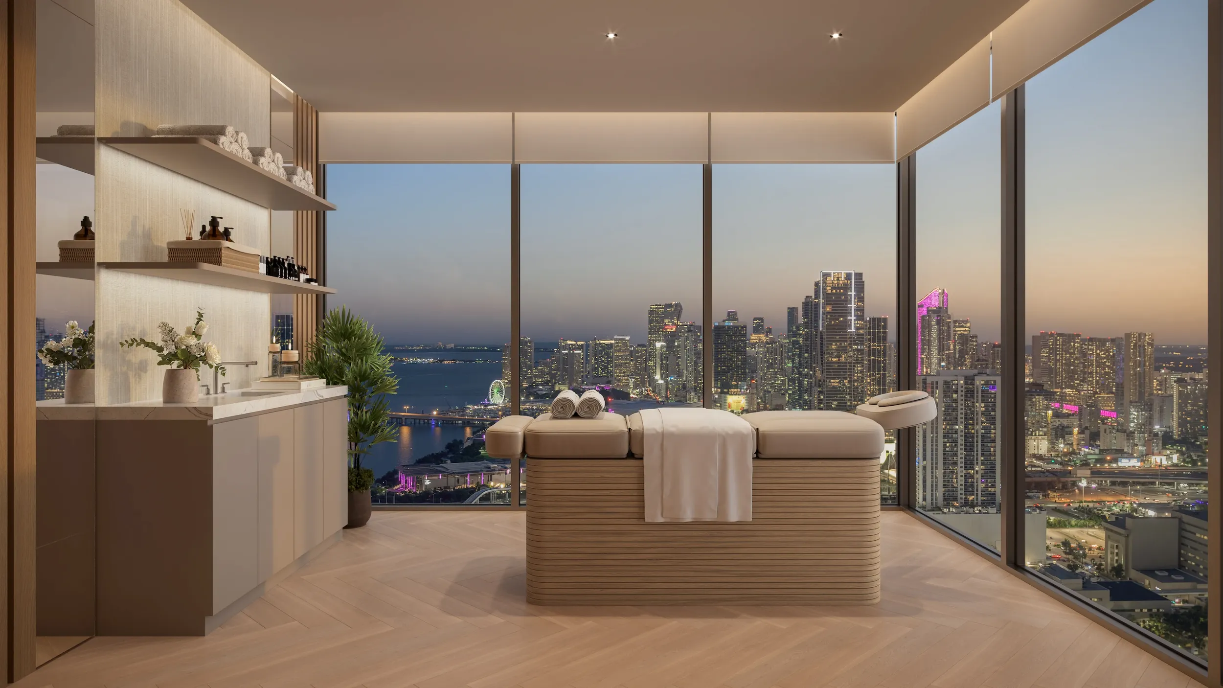 Private treatment and relaxation suite with skyline views at Edge House Miami.