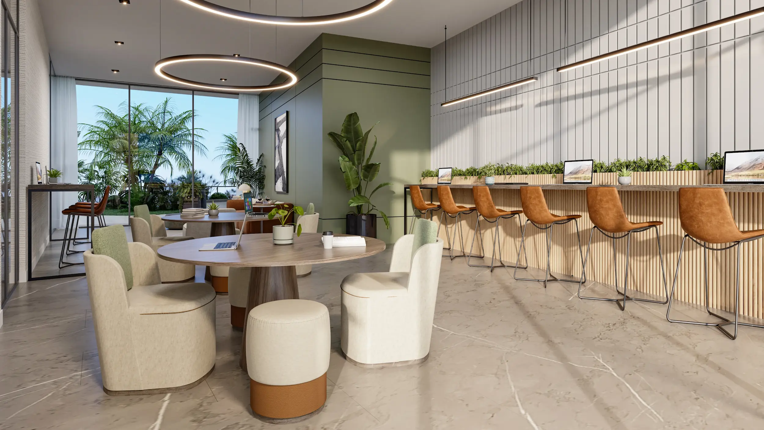 Co-working lounge with modern furnishings and floor-to-ceiling windows at Edge House Miami.