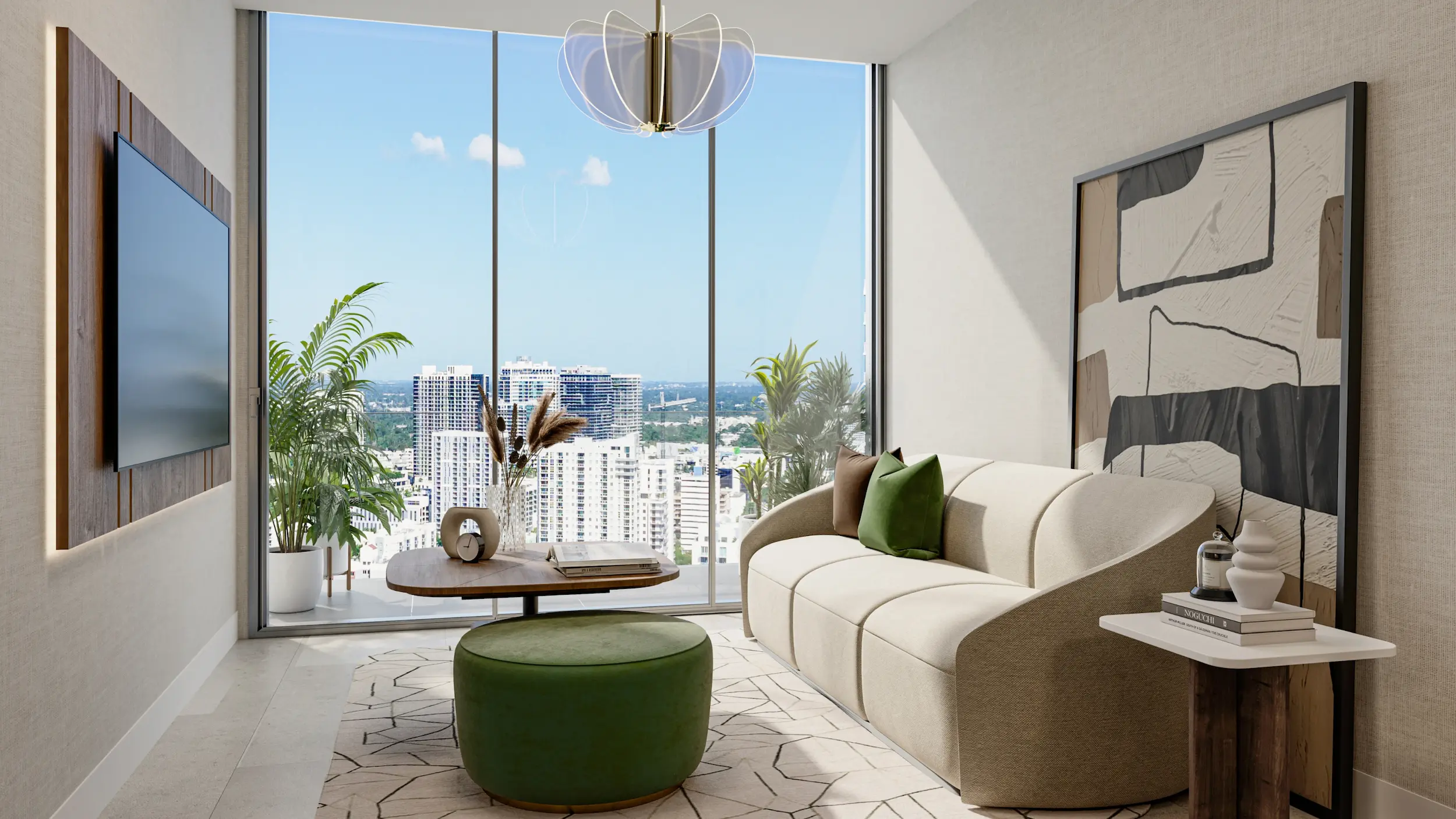 Modern living room with floor-to-ceiling windows and bay views at Edge House Miami.
