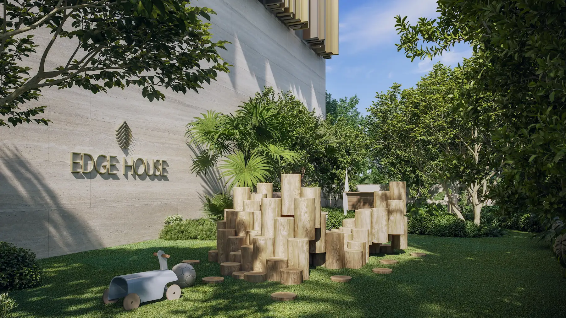 Outdoor garden entry with Edge House signage and sculptural landscaping.